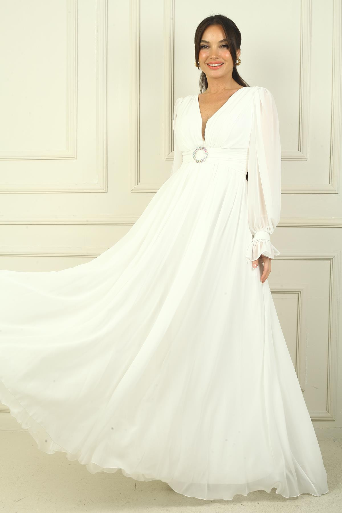 S-24Y1650002Kadın V Yaka Beli Tokalı Astarlı Şifon Uzun Abiye Elbise