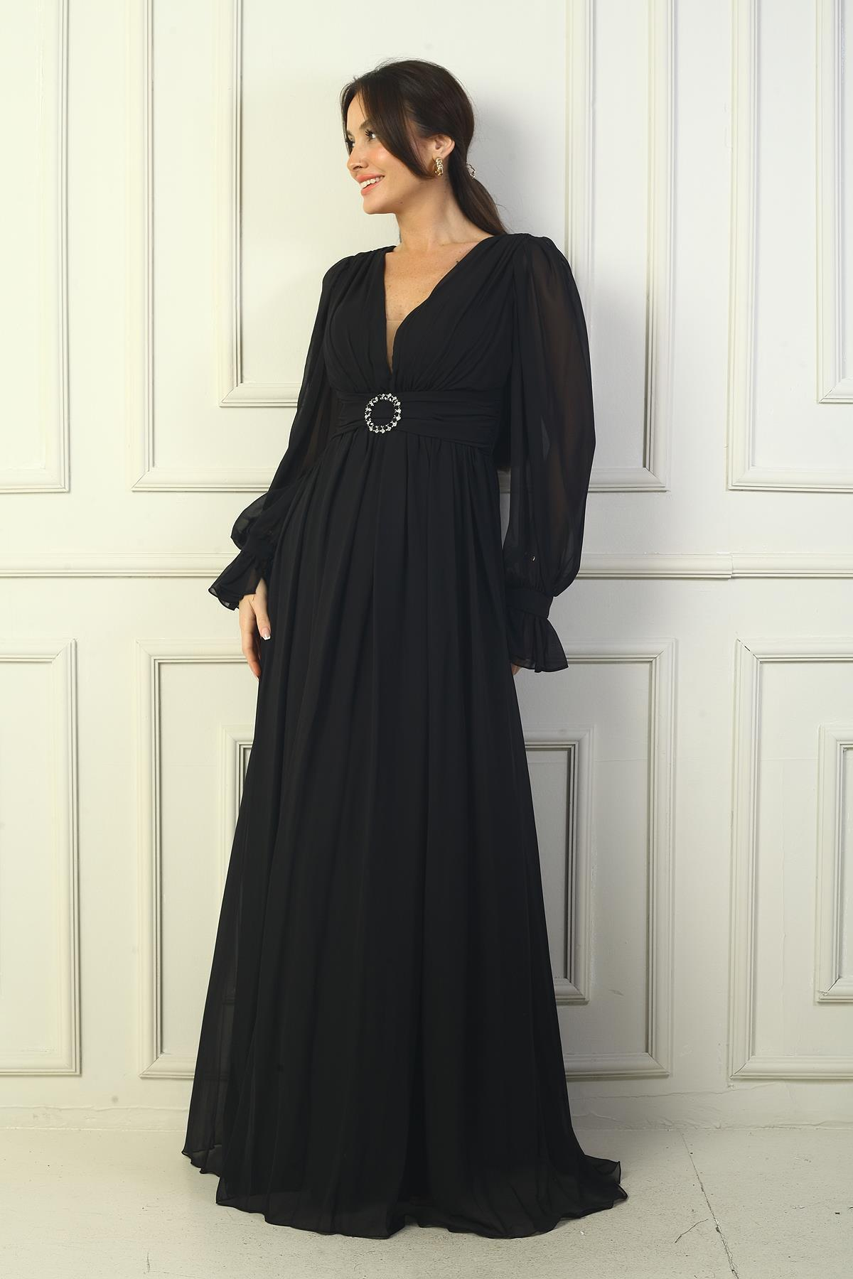 S-24Y1650002Kadın V Yaka Beli Tokalı Astarlı Şifon Uzun Abiye Elbise