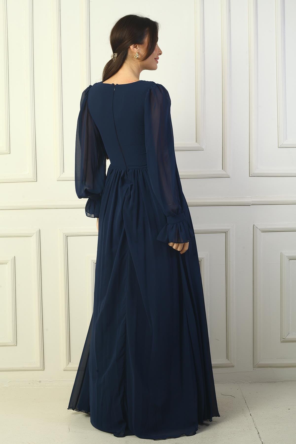 S-24Y1650002Kadın V Yaka Beli Tokalı Astarlı Şifon Uzun Abiye Elbise