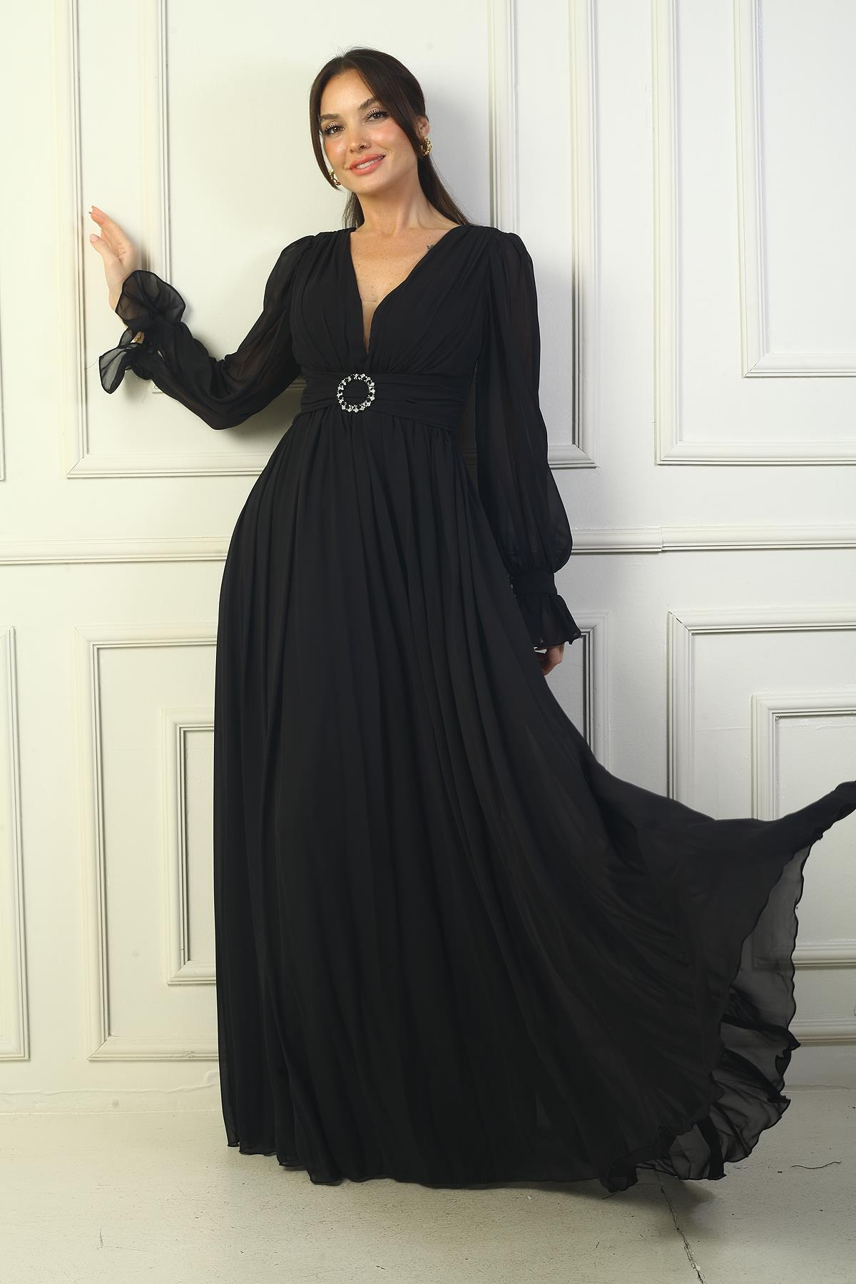 S-24Y1650002Kadın V Yaka Beli Tokalı Astarlı Şifon Uzun Abiye Elbise