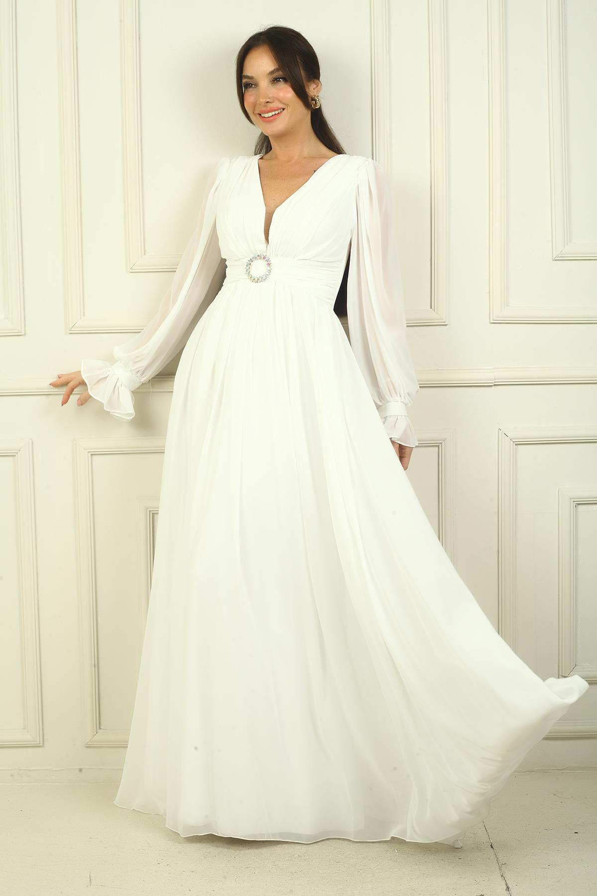 S-24Y1650002Kadın V Yaka Beli Tokalı Astarlı Şifon Uzun Abiye Elbise