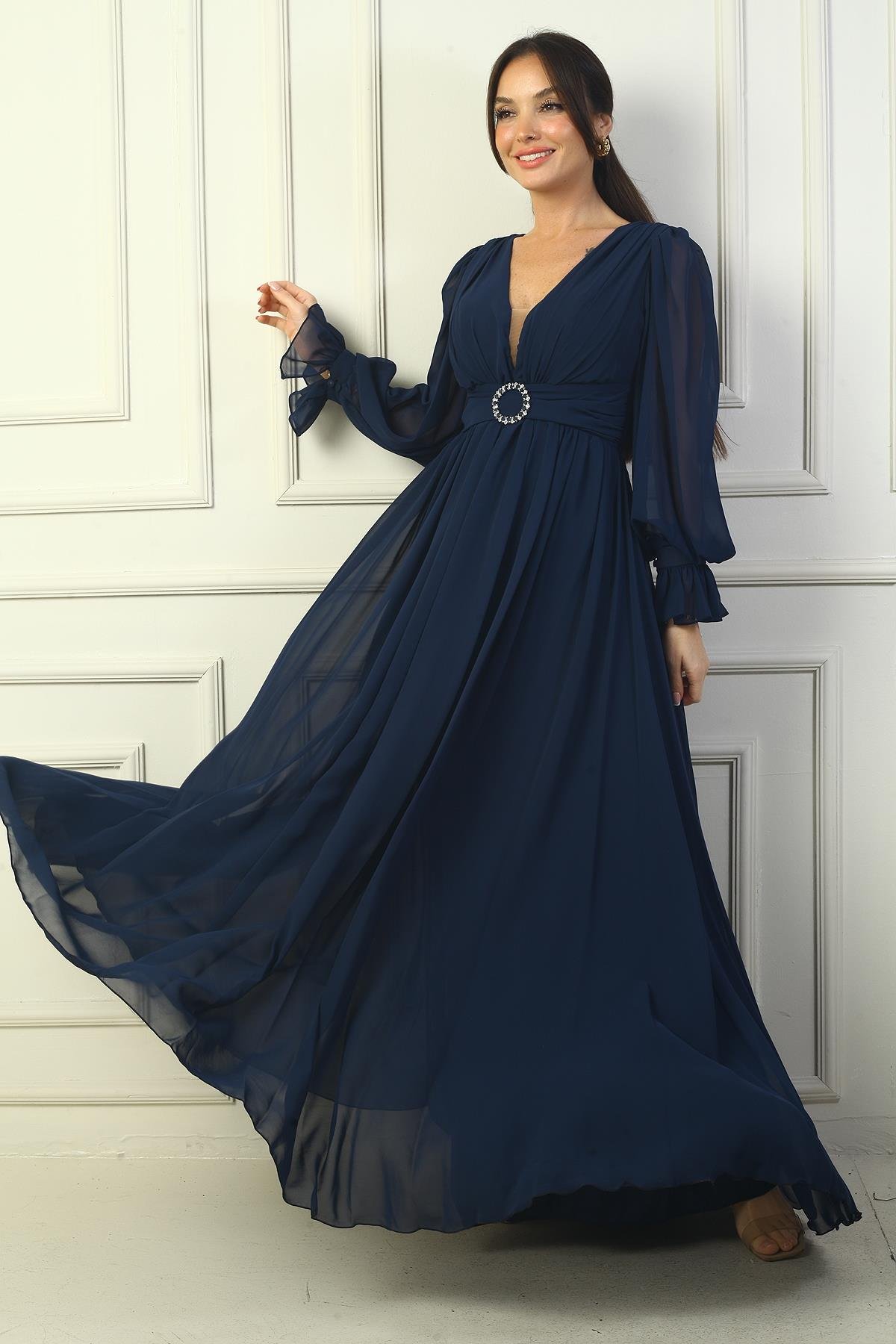 S-24Y1650002Kadın V Yaka Beli Tokalı Astarlı Şifon Uzun Abiye Elbise