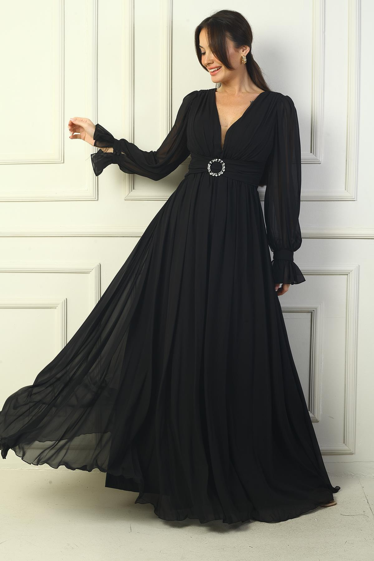 S-24Y1650002Kadın V Yaka Beli Tokalı Astarlı Şifon Uzun Abiye Elbise