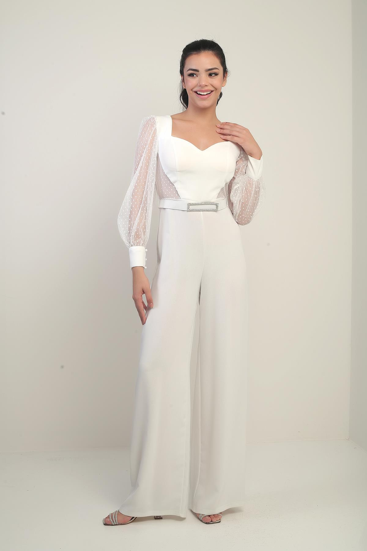 S-24Y1650003Kadın Kalp Yaka Uzun Tül Kollu Kemerli Palazzo Krep Tulum