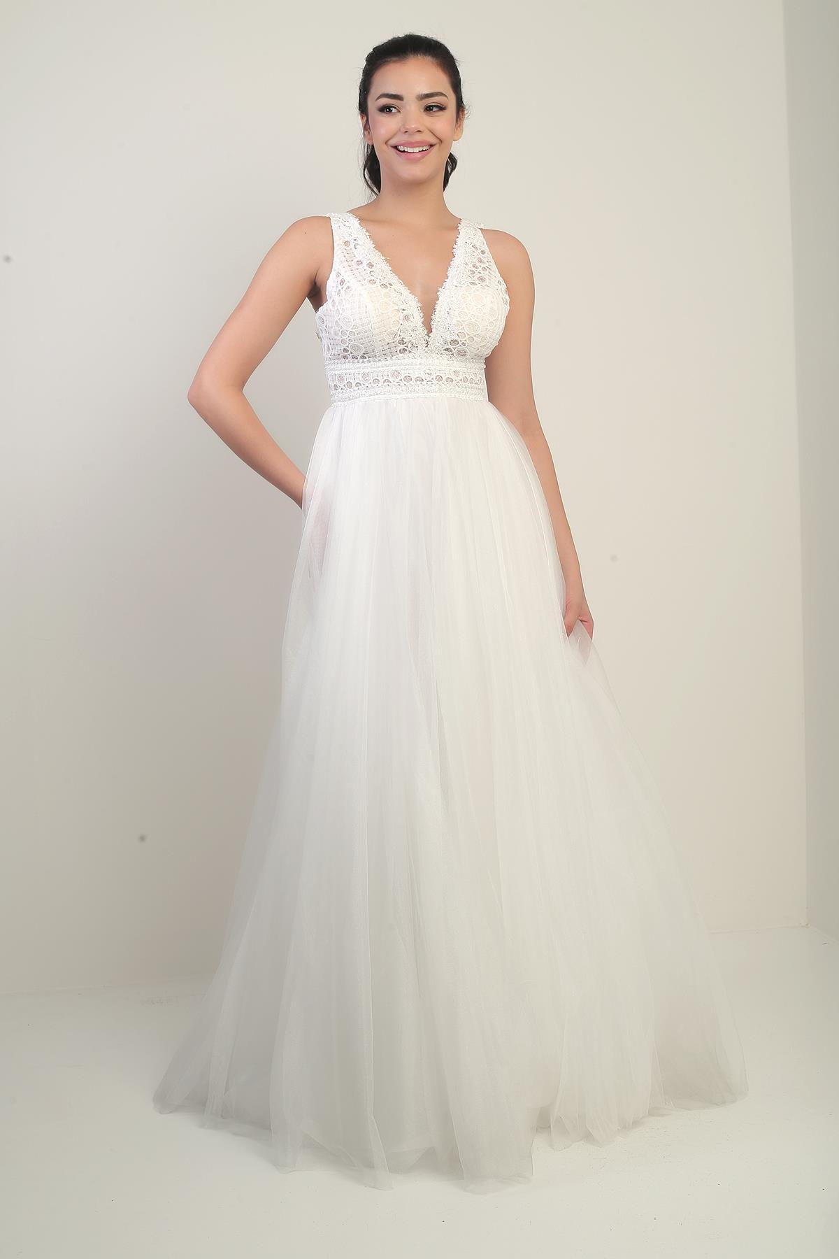 S-24Y1650005Kadın V Yaka Kalın Askılı Astarlı  Üstü Dantel İşleme Tül Uzun Prenses Abiye Elbise