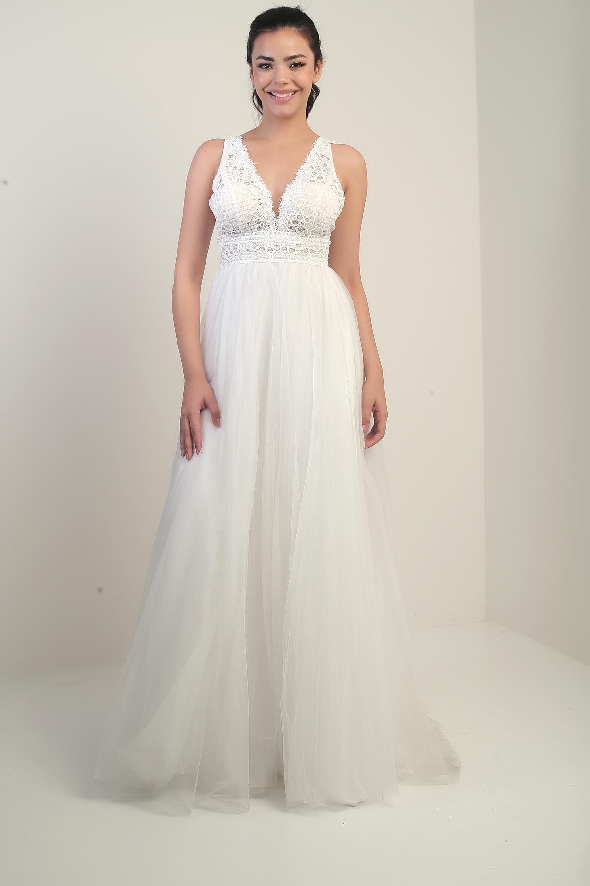 S-24Y1650005Kadın V Yaka Kalın Askılı Astarlı  Üstü Dantel İşleme Tül Uzun Prenses Abiye Elbise