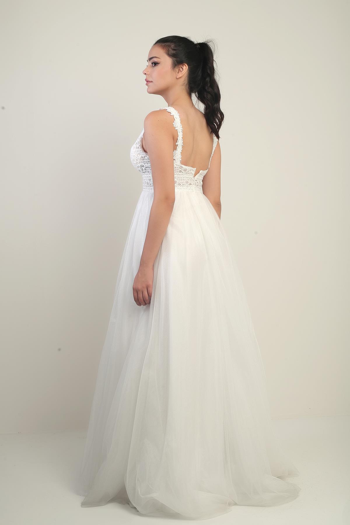 S-24Y1650005Kadın V Yaka Kalın Askılı Astarlı  Üstü Dantel İşleme Tül Uzun Prenses Abiye Elbise