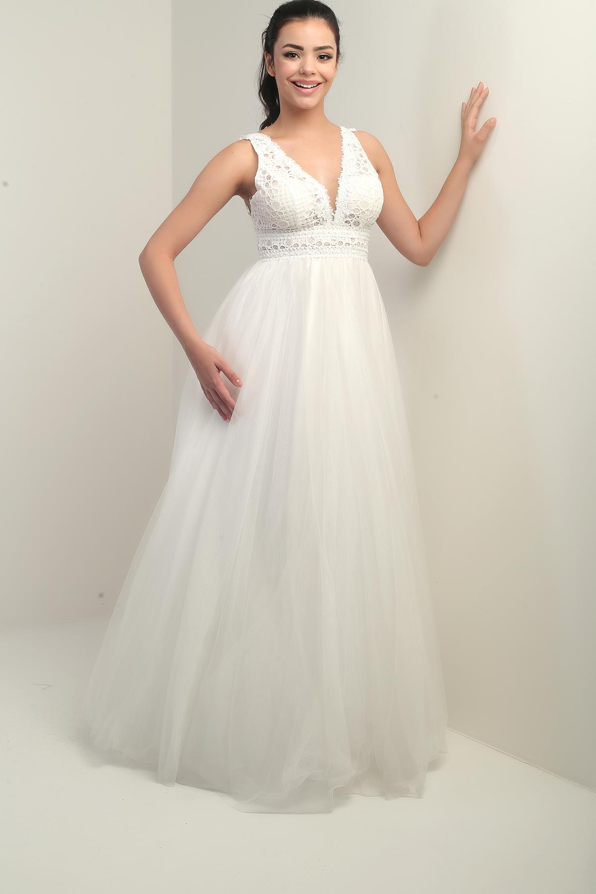 S-24Y1650005Kadın V Yaka Kalın Askılı Astarlı  Üstü Dantel İşleme Tül Uzun Prenses Abiye Elbise