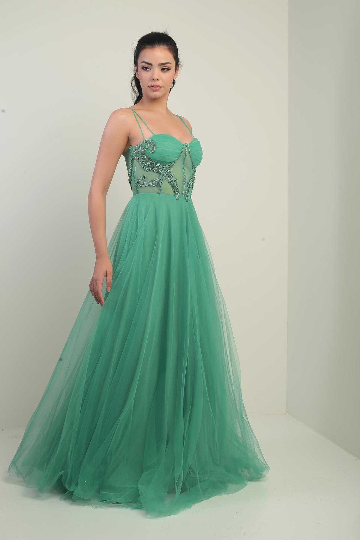 S-24Y1650007Kadın İp Askılı astarlı Göğüs Pliseli Boncuk İşlemeli Uzun Prenses Elbise