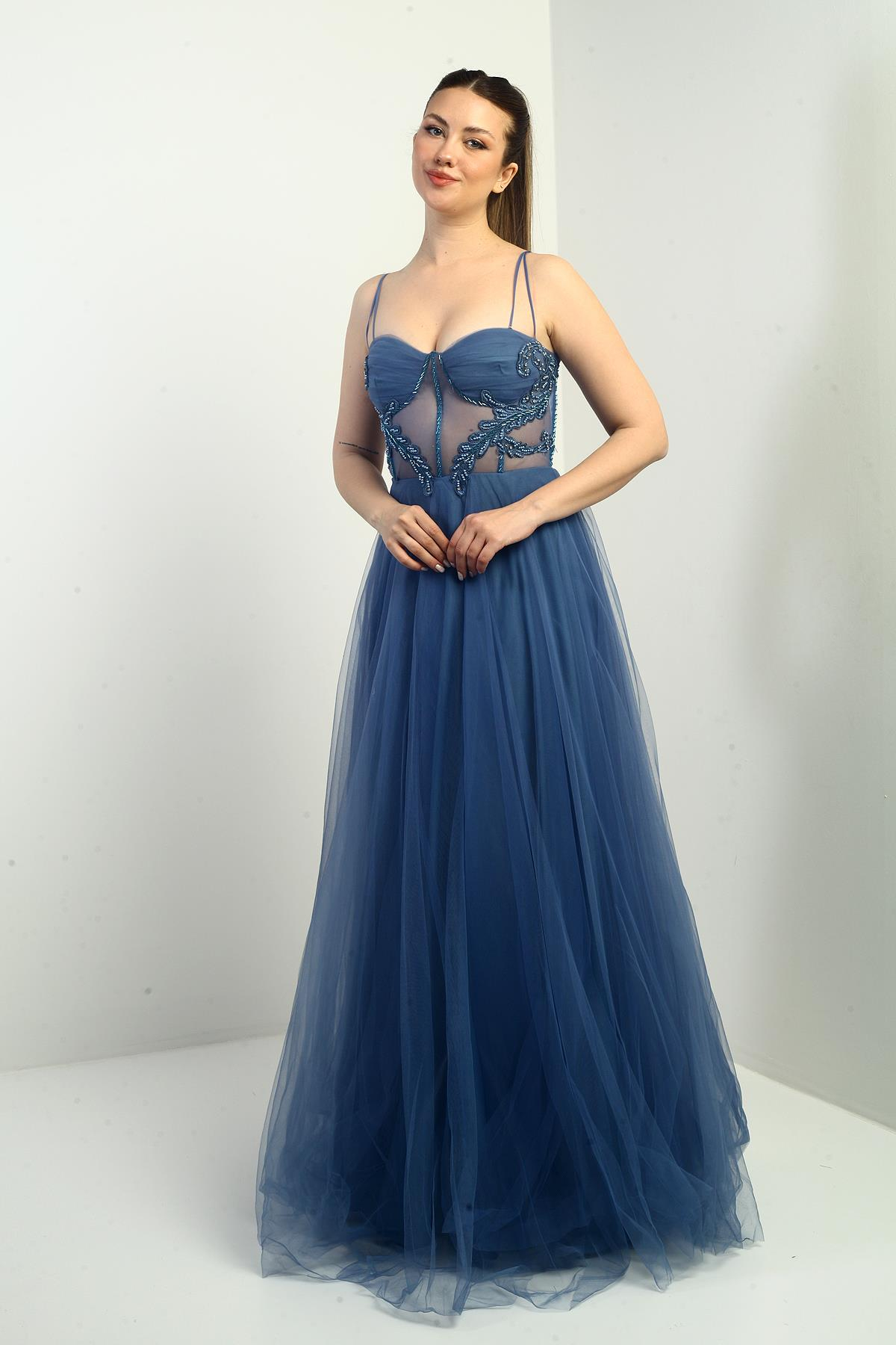 S-24Y1650007Kadın İp Askılı astarlı Göğüs Pliseli Boncuk İşlemeli Uzun Prenses Elbise