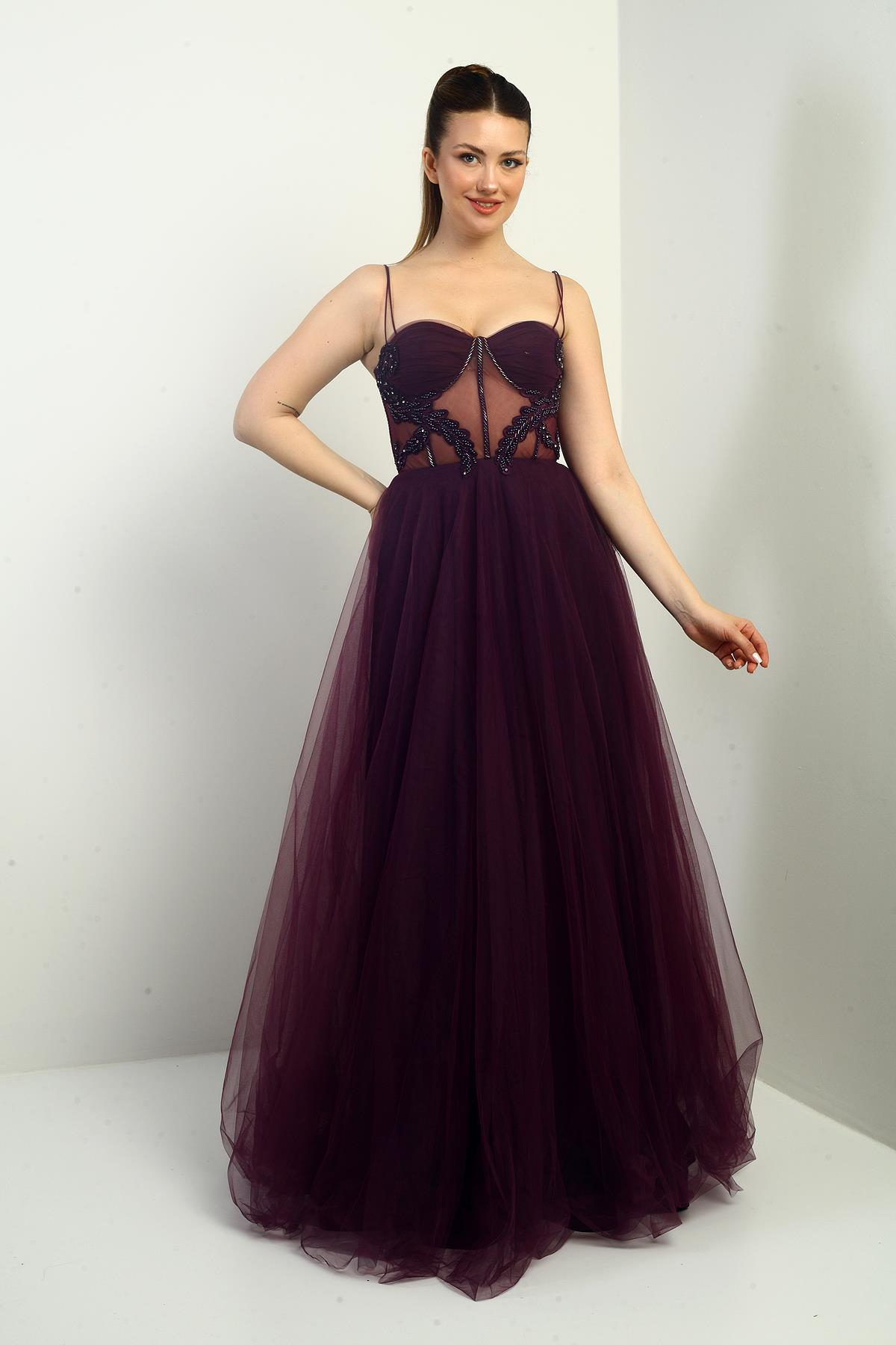 S-24Y1650007Kadın İp Askılı astarlı Göğüs Pliseli Boncuk İşlemeli Uzun Prenses Elbise