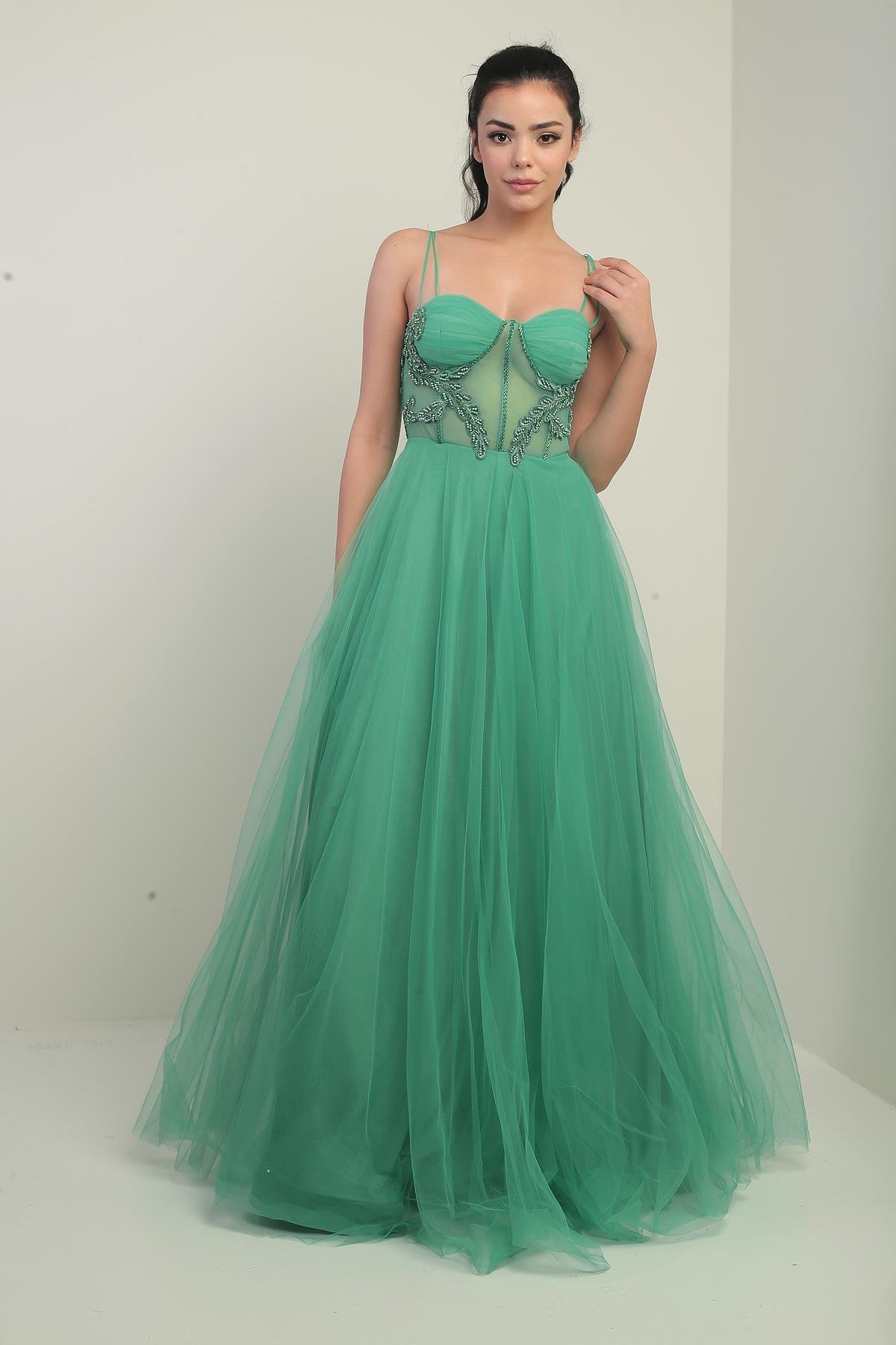 S-24Y1650007Kadın İp Askılı astarlı Göğüs Pliseli Boncuk İşlemeli Uzun Prenses Elbise