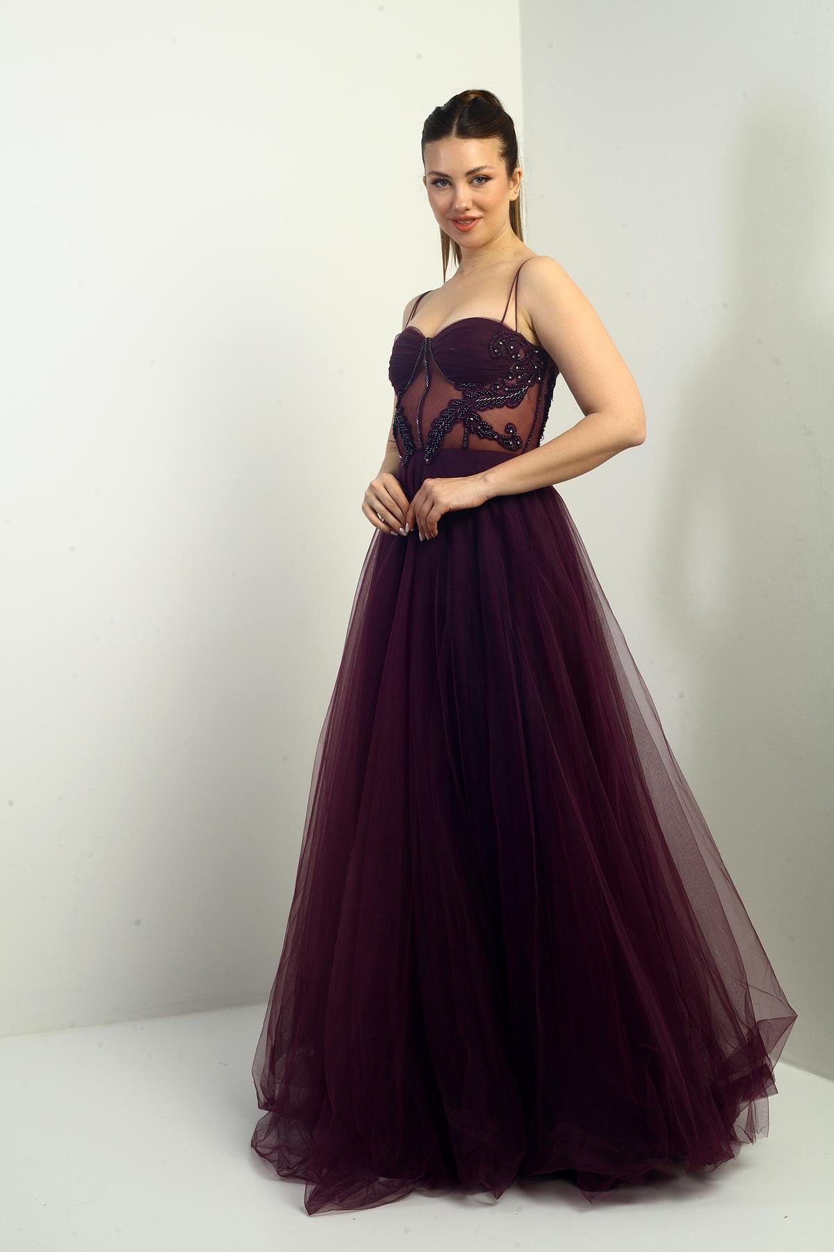 S-24Y1650007Kadın İp Askılı astarlı Göğüs Pliseli Boncuk İşlemeli Uzun Prenses Elbise