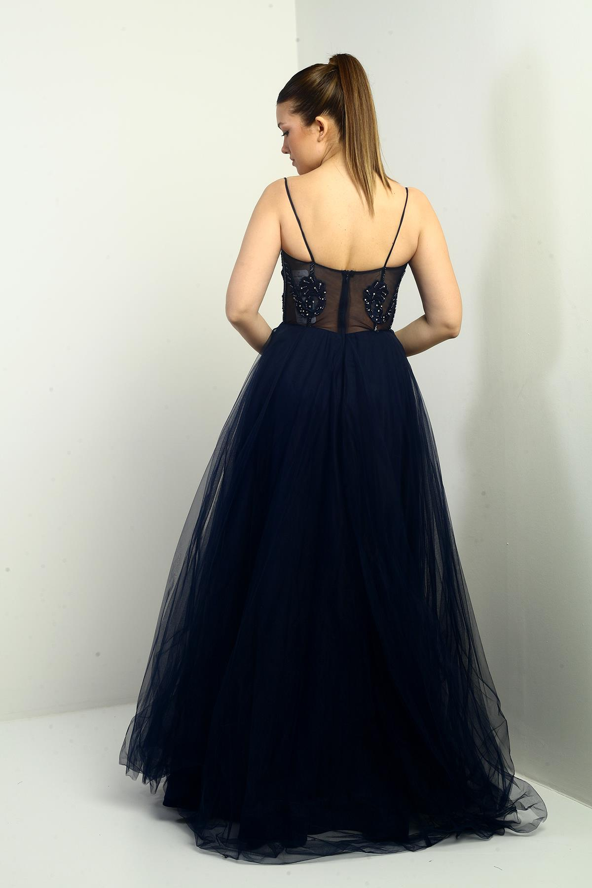 S-24Y1650007Kadın İp Askılı astarlı Göğüs Pliseli Boncuk İşlemeli Uzun Prenses Elbise