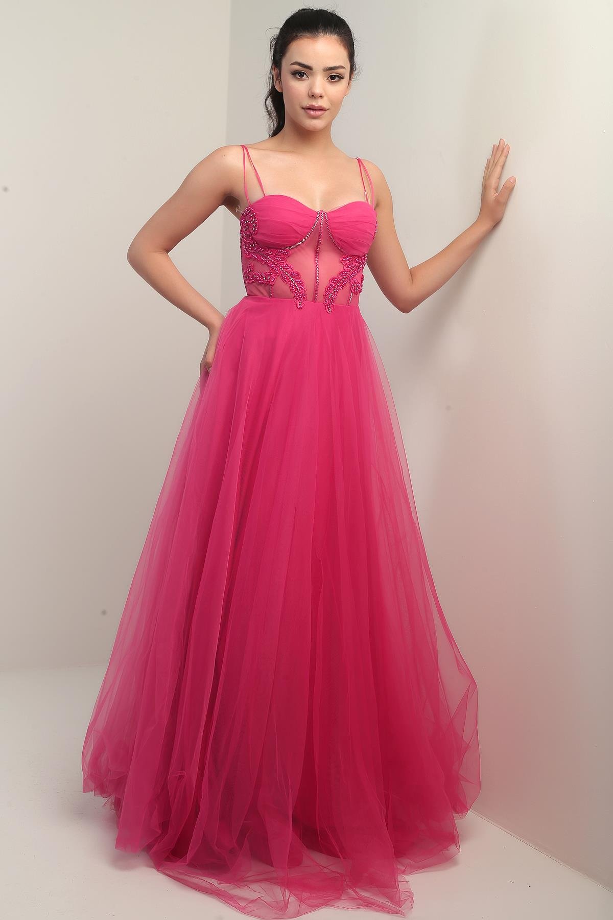 S-24Y1650007Kadın İp Askılı astarlı Göğüs Pliseli Boncuk İşlemeli Uzun Prenses Elbise