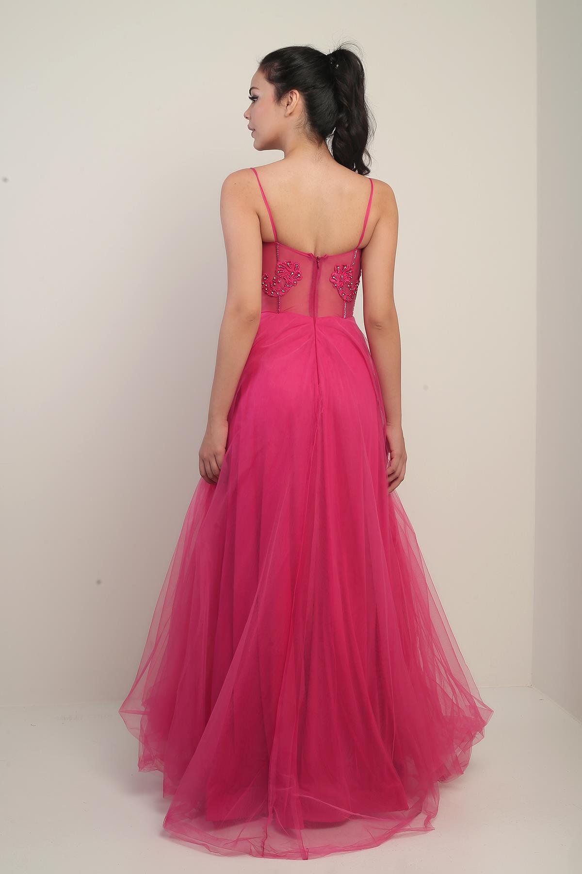 S-24Y1650007Kadın İp Askılı astarlı Göğüs Pliseli Boncuk İşlemeli Uzun Prenses Elbise