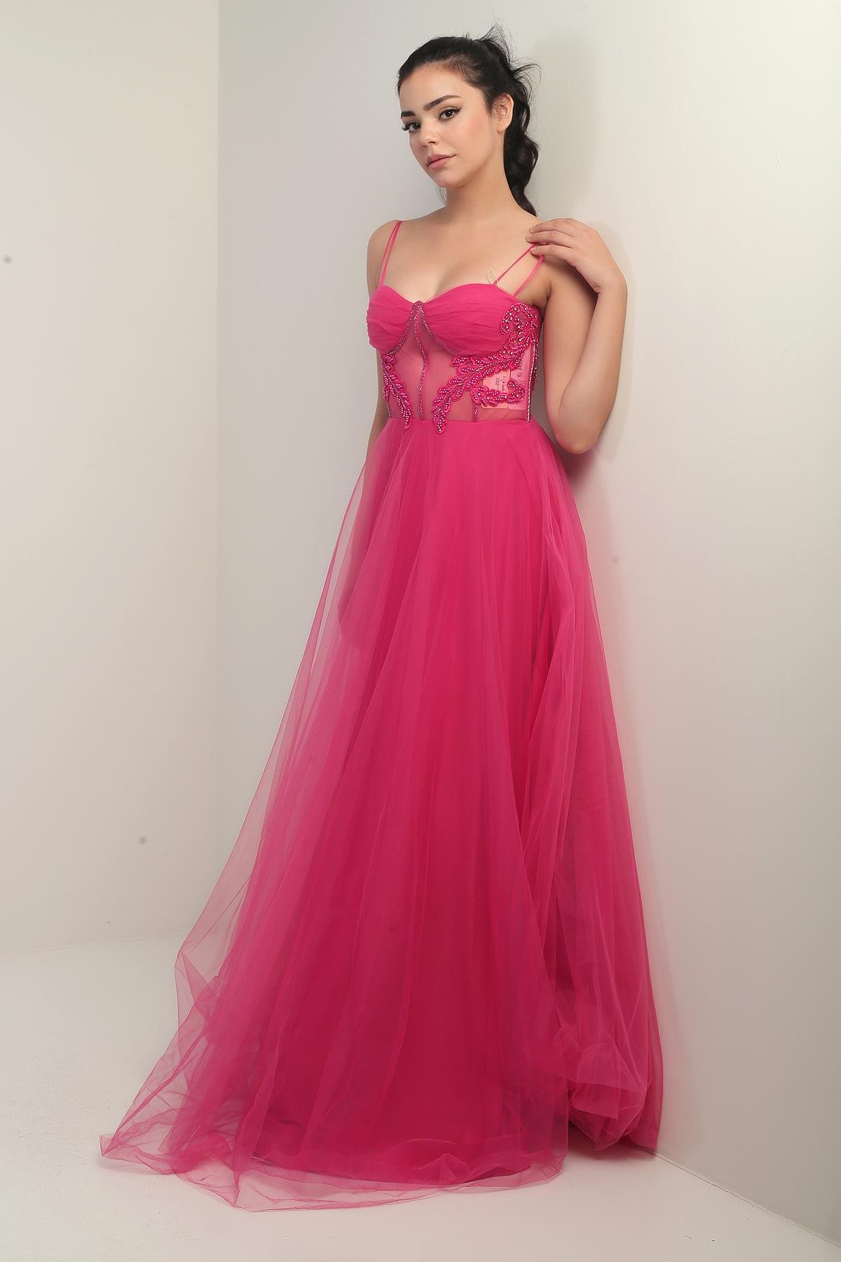 S-24Y1650007Kadın İp Askılı astarlı Göğüs Pliseli Boncuk İşlemeli Uzun Prenses Elbise