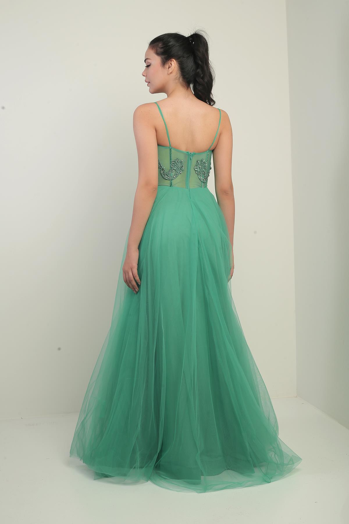 S-24Y1650007Kadın İp Askılı astarlı Göğüs Pliseli Boncuk İşlemeli Uzun Prenses Elbise