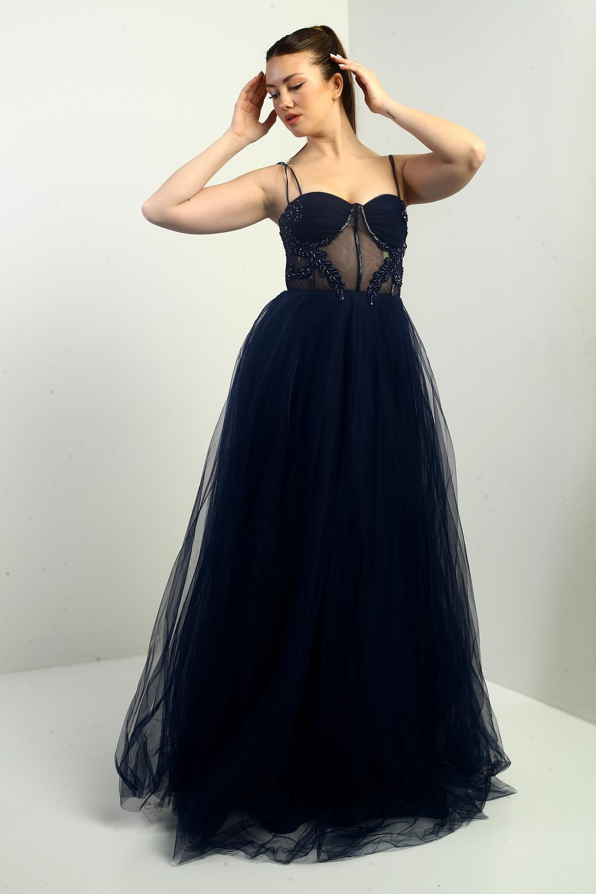 S-24Y1650007Kadın İp Askılı astarlı Göğüs Pliseli Boncuk İşlemeli Uzun Prenses Elbise