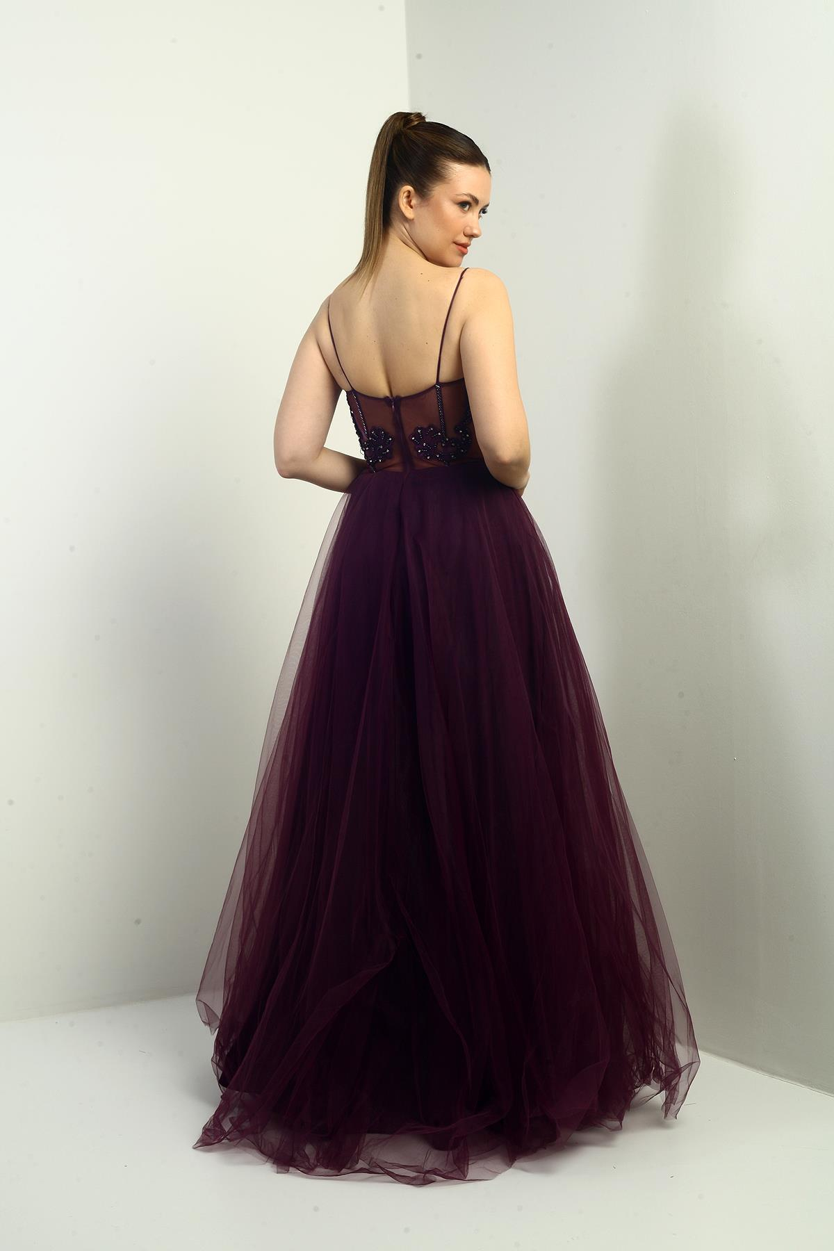 S-24Y1650007Kadın İp Askılı astarlı Göğüs Pliseli Boncuk İşlemeli Uzun Prenses Elbise