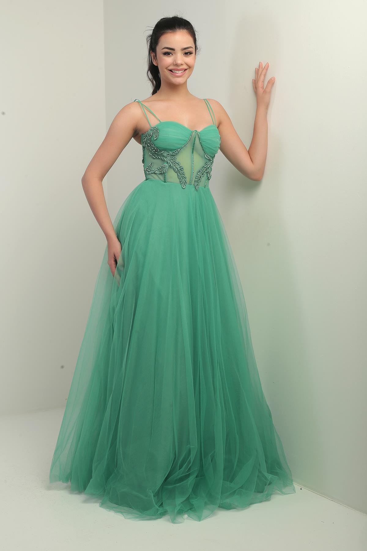 S-24Y1650007Kadın İp Askılı astarlı Göğüs Pliseli Boncuk İşlemeli Uzun Prenses Elbise