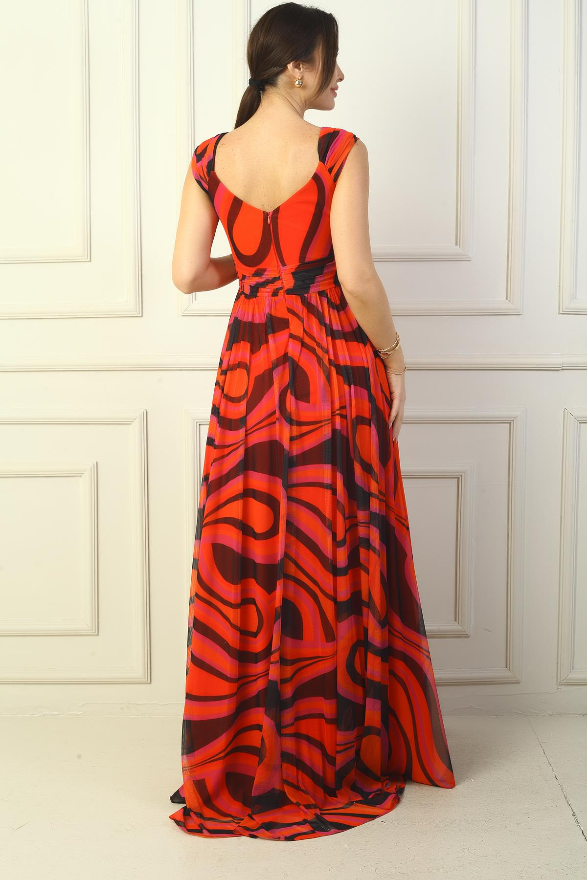 S-24Y1650011Kadın Ön Arka V Yaka Astarlı Soyut Desenli Tül Uzun Elbise