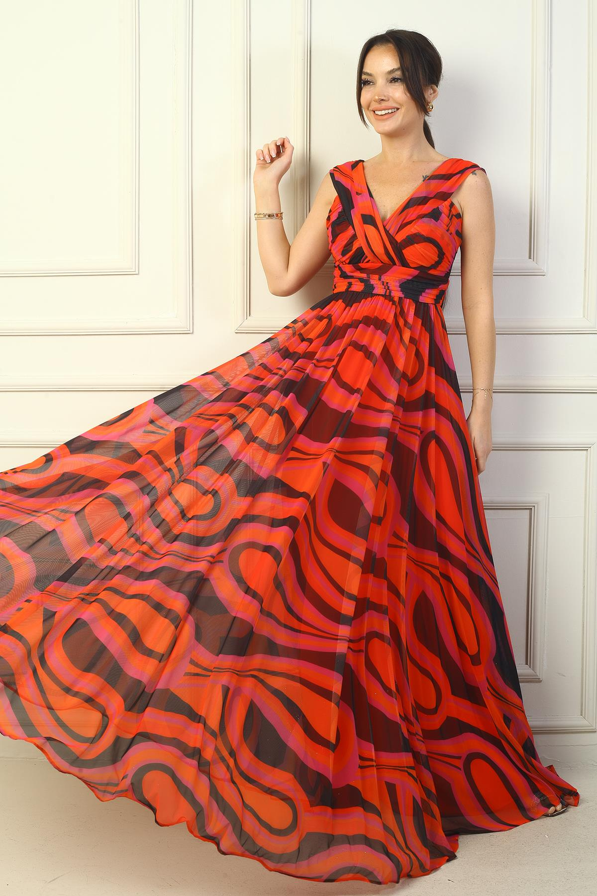 S-24Y1650011Kadın Ön Arka V Yaka Astarlı Soyut Desenli Tül Uzun Elbise