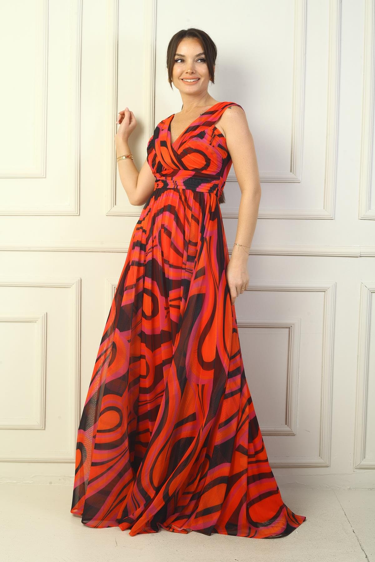 S-24Y1650011Kadın Ön Arka V Yaka Astarlı Soyut Desenli Tül Uzun Elbise