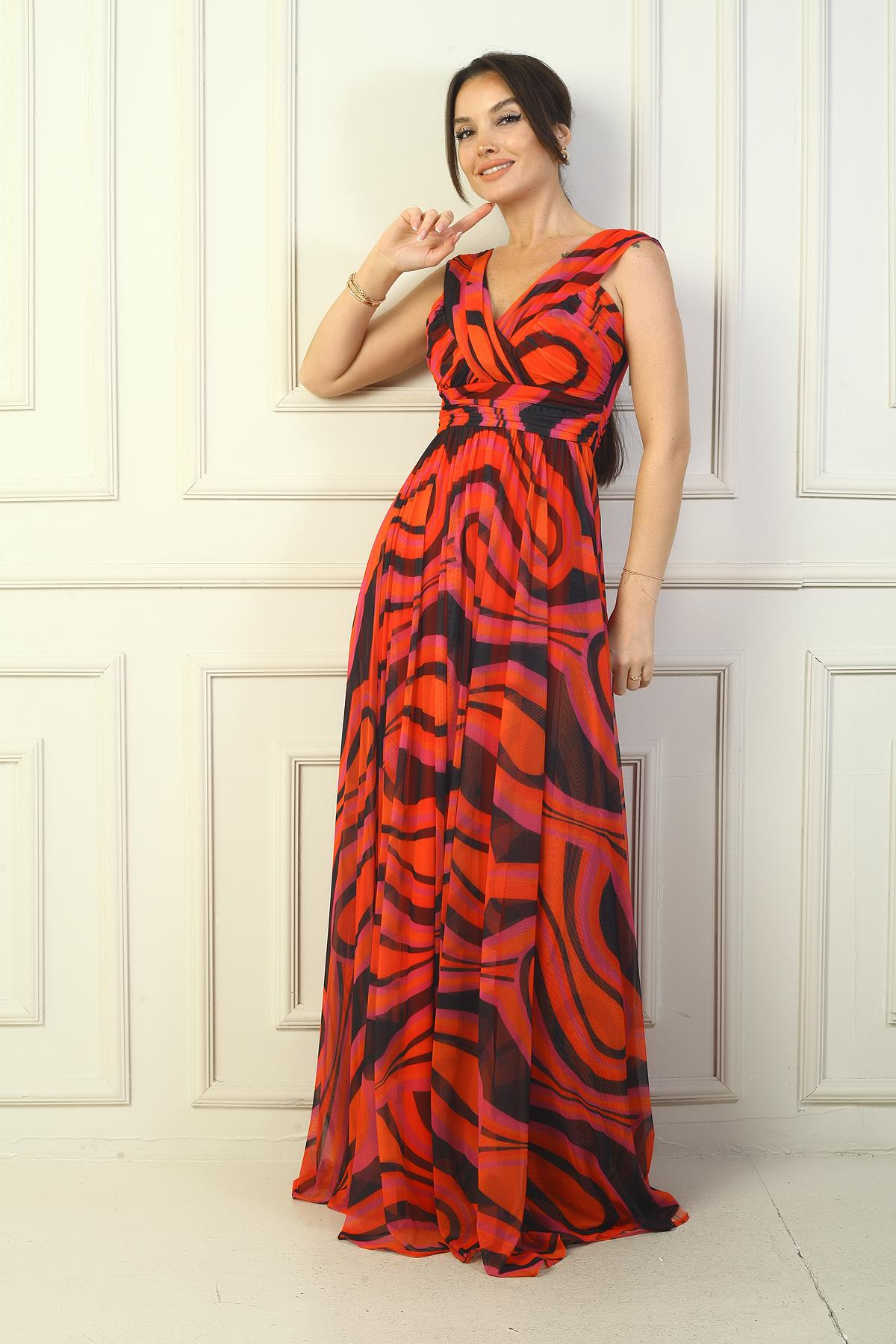 S-24Y1650011Kadın Ön Arka V Yaka Astarlı Soyut Desenli Tül Uzun Elbise