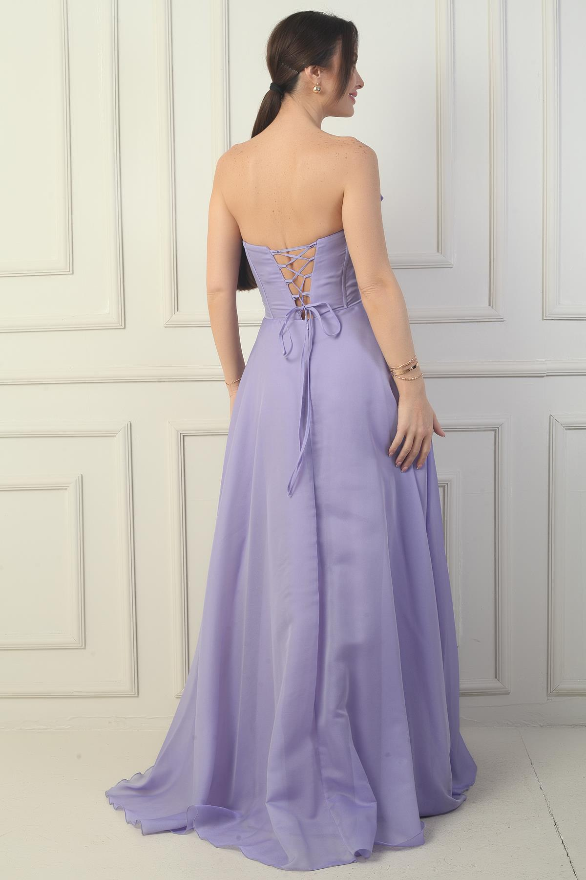 S-24Y1650013Kadın Straplez Önü Düğmeli Arkası Bağcıklı Eteği Fırfırlın Uzun Abiye Elbise