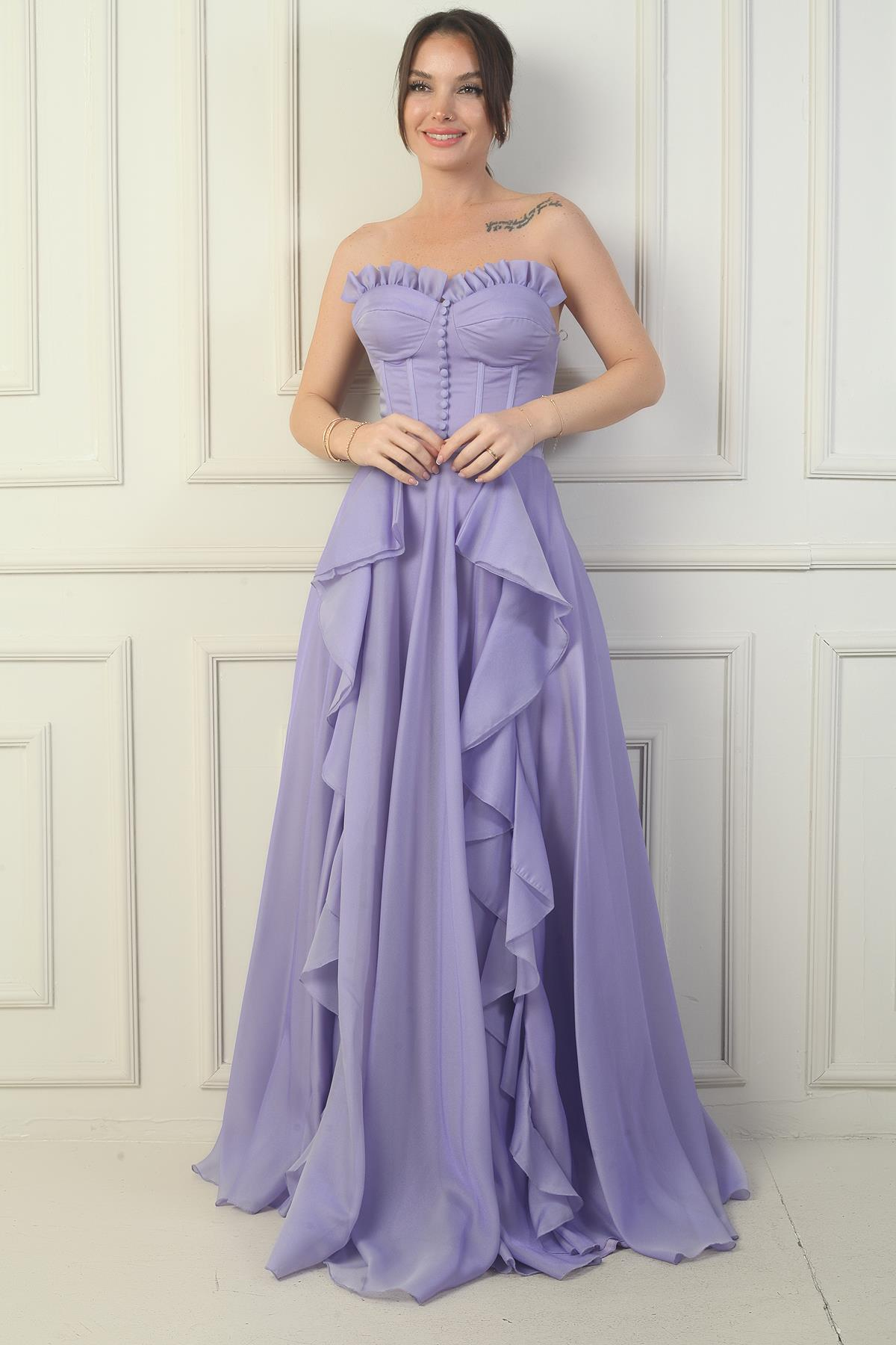 S-24Y1650013Kadın Straplez Önü Düğmeli Arkası Bağcıklı Eteği Fırfırlın Uzun Abiye Elbise