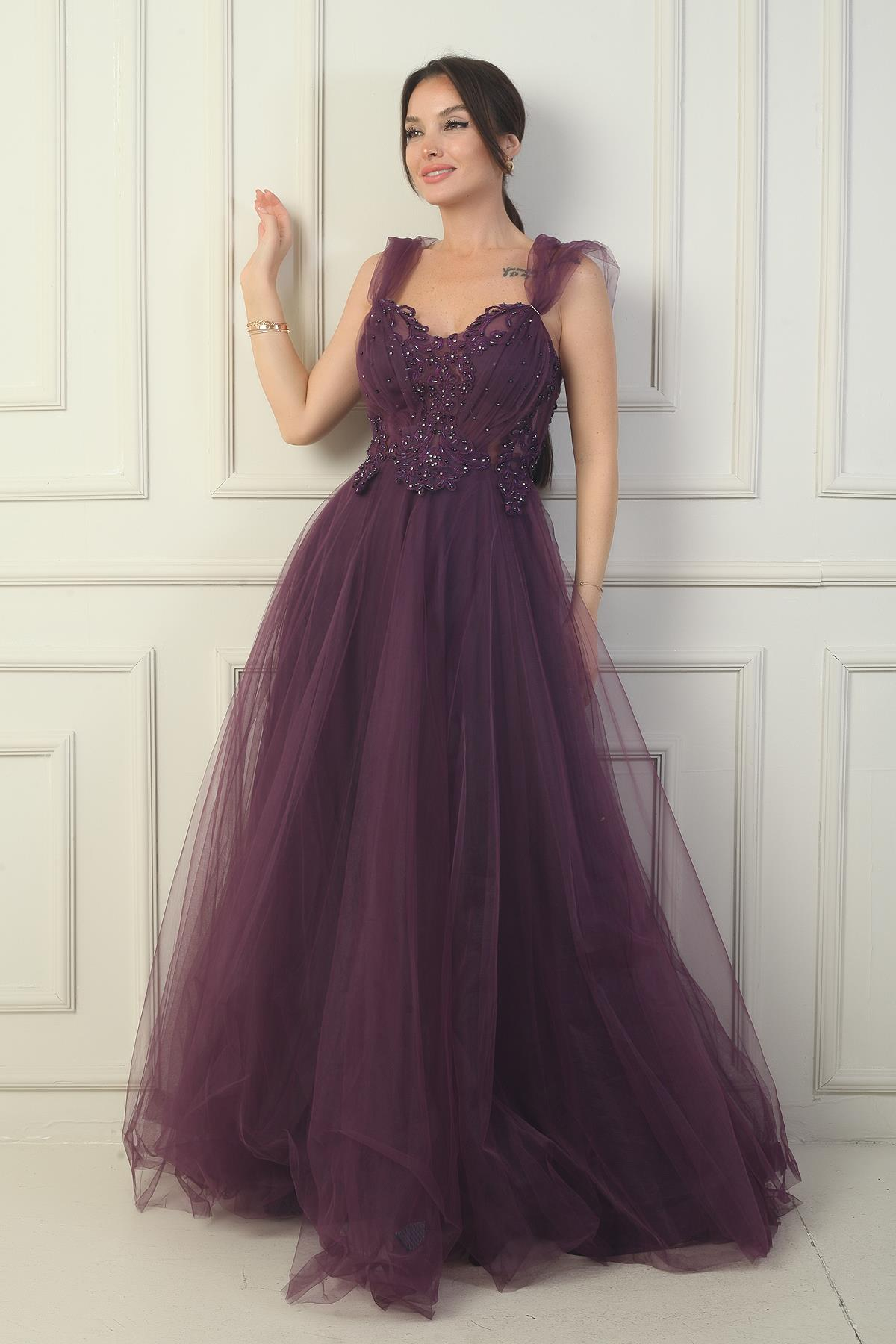 S-24Y1650016Kadın Ön Arka V Yaka Astarlı Düşük Kollu Üstü Aplike İşleme Prenses Abiye Elbise