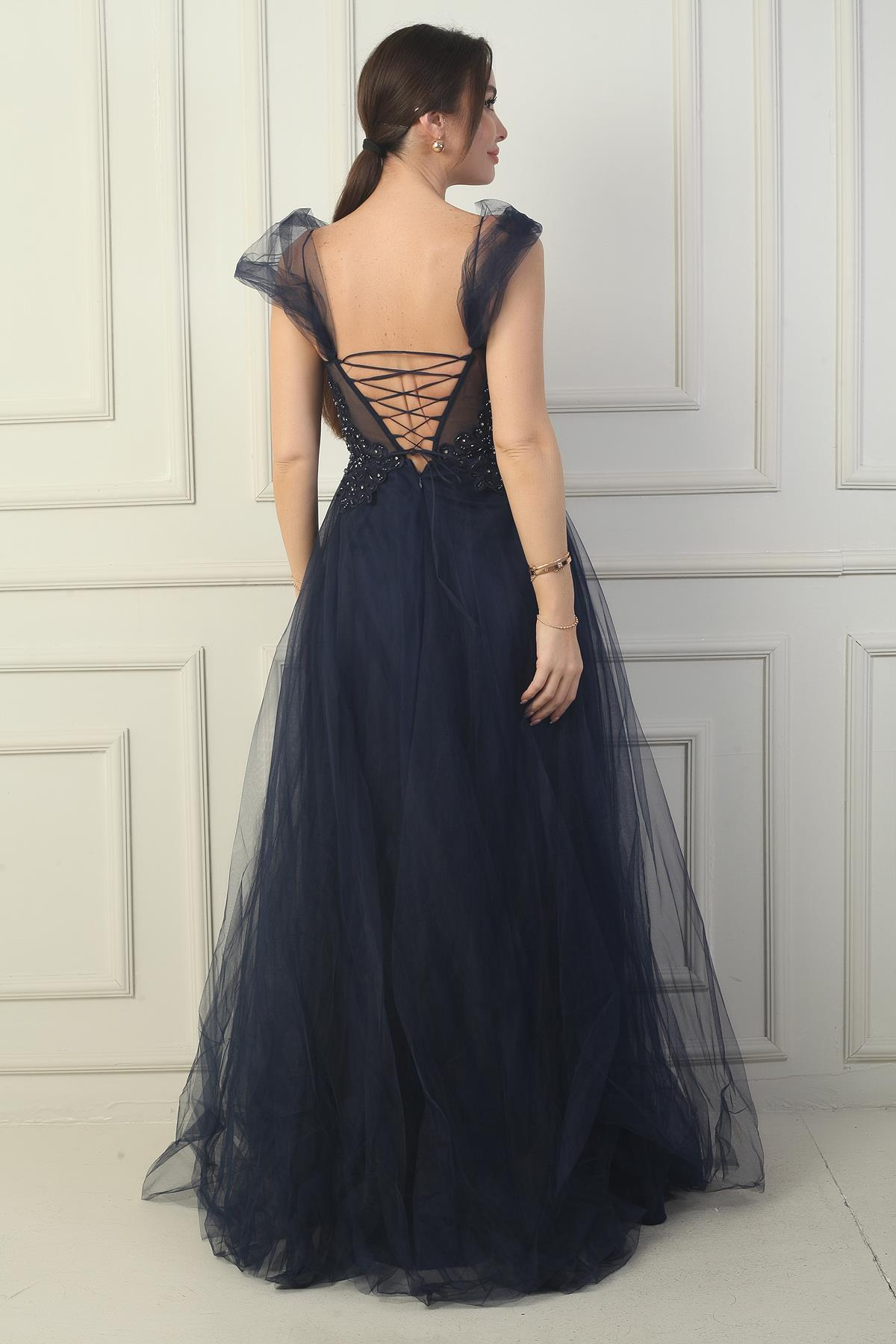 S-24Y1650016Kadın Ön Arka V Yaka Astarlı Düşük Kollu Üstü Aplike İşleme Prenses Abiye Elbise