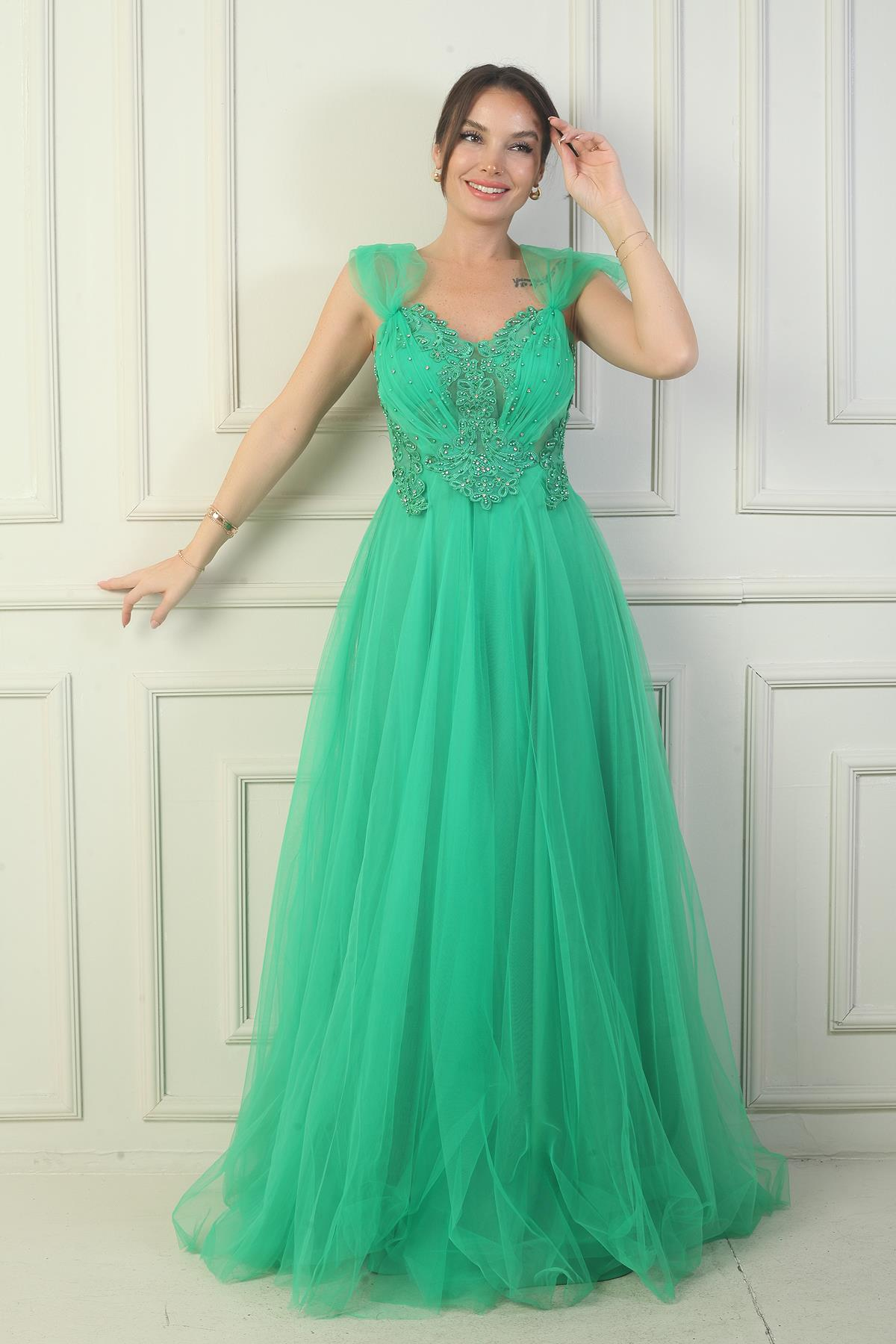 S-24Y1650016Kadın Ön Arka V Yaka Astarlı Düşük Kollu Üstü Aplike İşleme Prenses Abiye Elbise