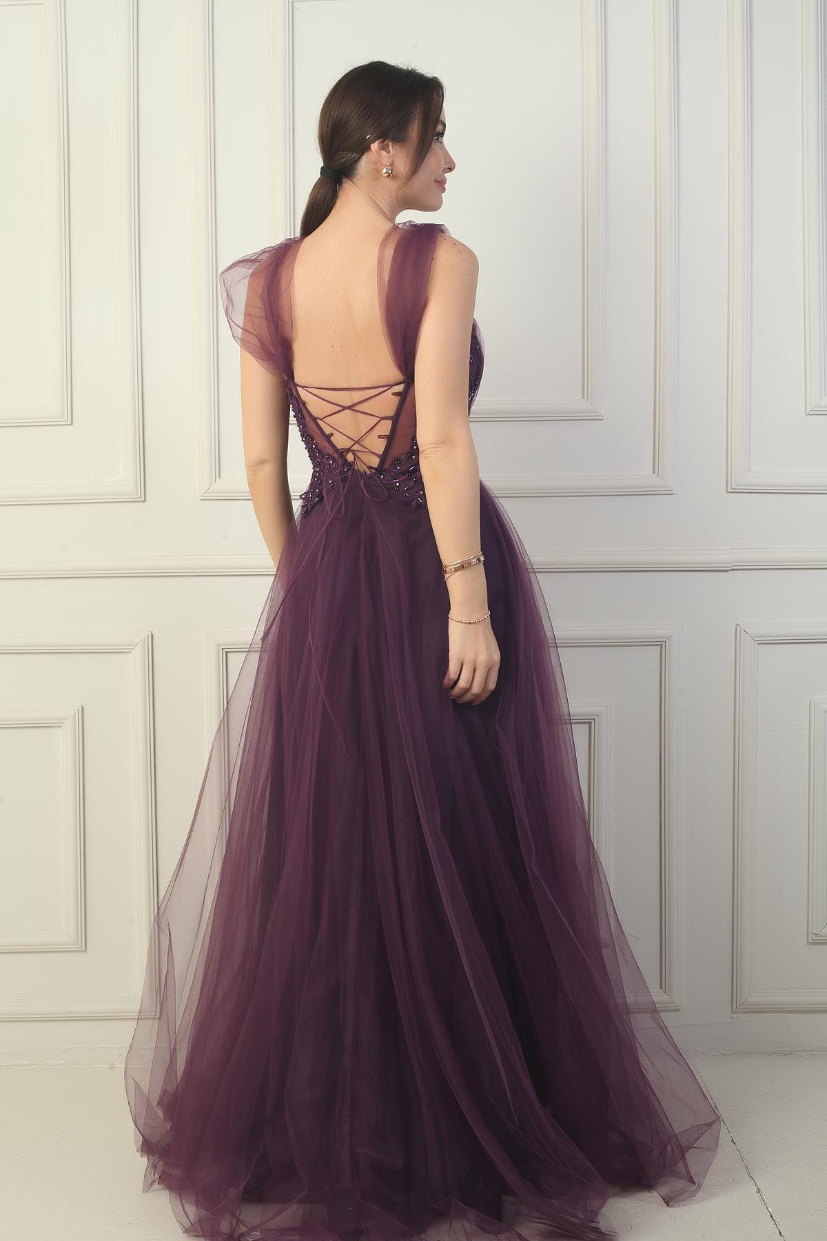 S-24Y1650016Kadın Ön Arka V Yaka Astarlı Düşük Kollu Üstü Aplike İşleme Prenses Abiye Elbise