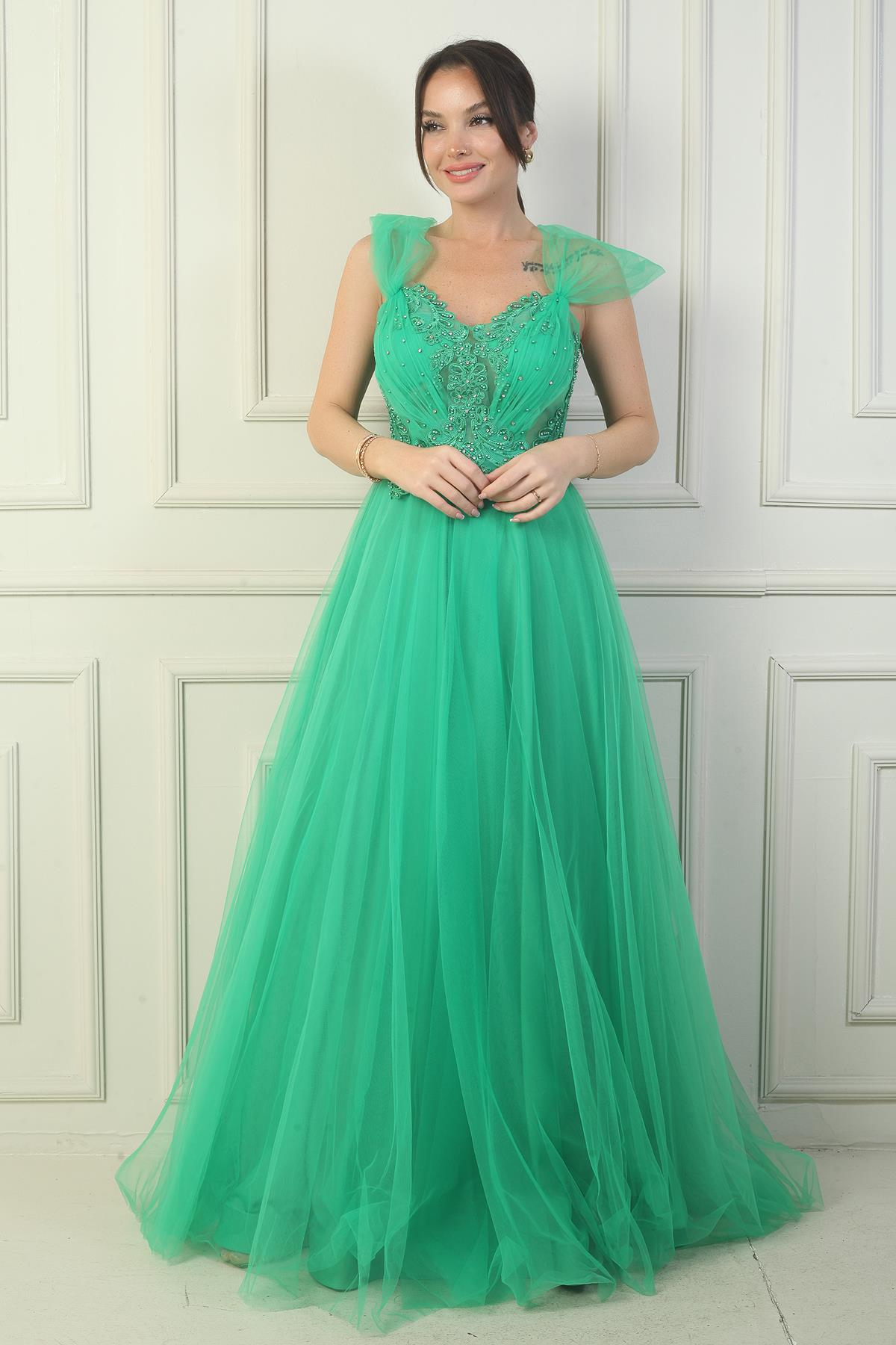 S-24Y1650016Kadın Ön Arka V Yaka Astarlı Düşük Kollu Üstü Aplike İşleme Prenses Abiye Elbise