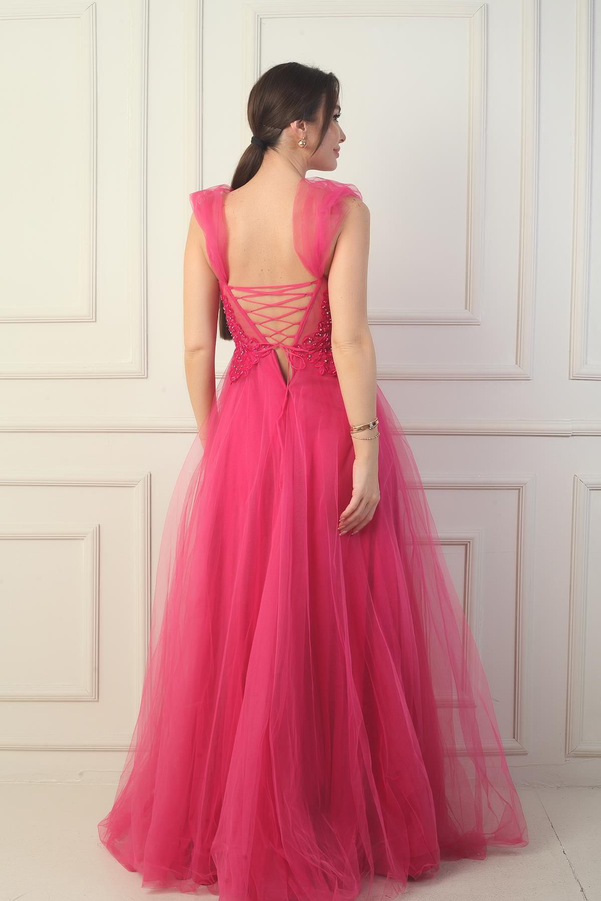 S-24Y1650016Kadın Ön Arka V Yaka Astarlı Düşük Kollu Üstü Aplike İşleme Prenses Abiye Elbise