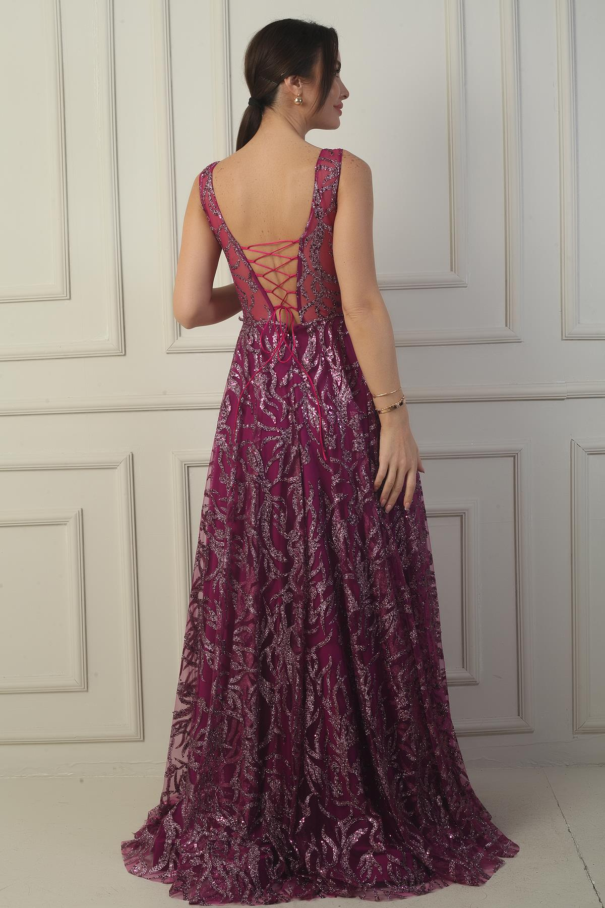 S-24Y1650017Kadın Ön Arka V Yaka Göğüs Pliseli Arkadan Bağcıklı Astarlı Sim Flok Baskı Uzun Abiye Elbise