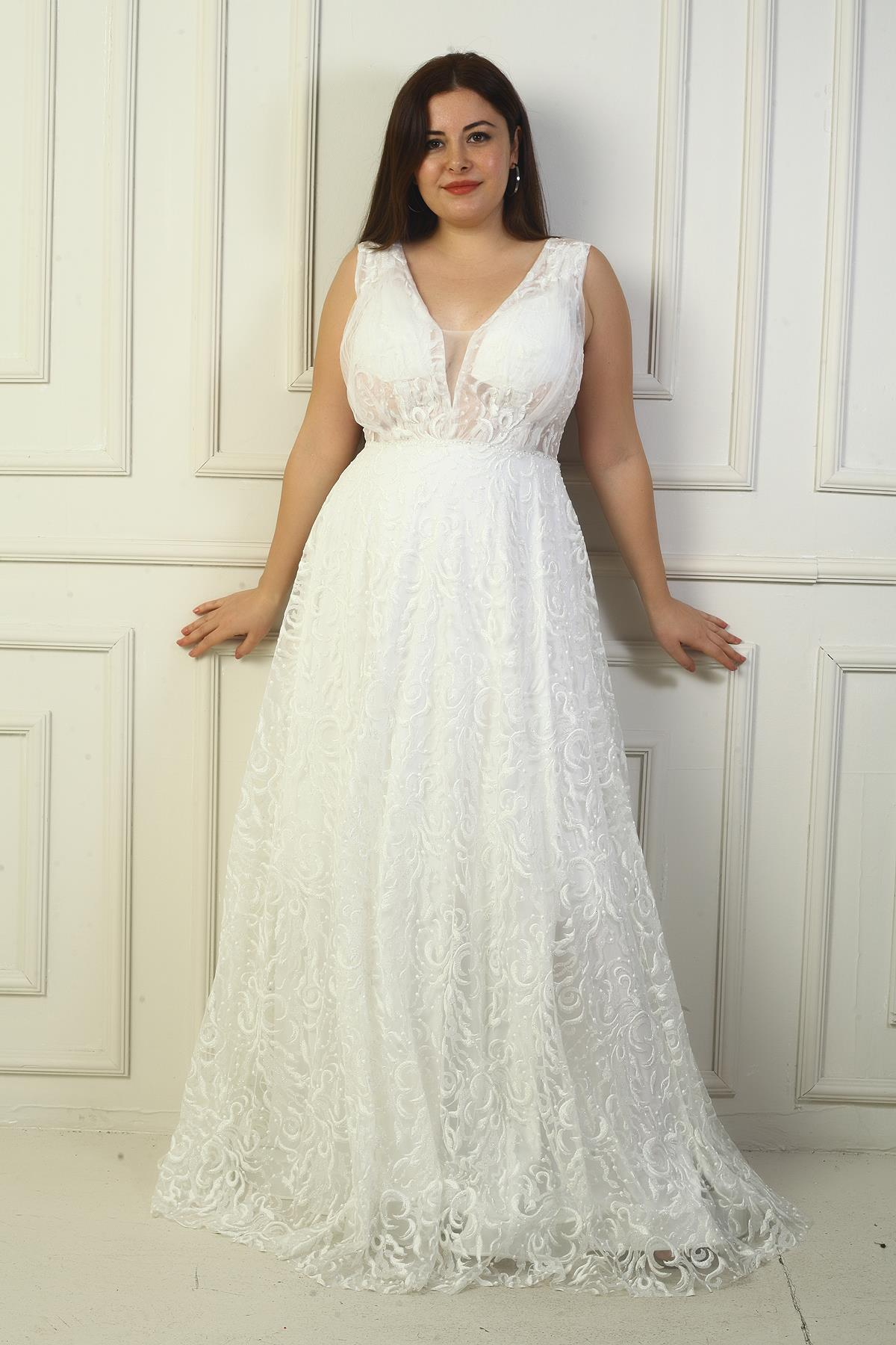 S-24Y1650017Kadın Ön Arka V Yaka Göğüs Pliseli Arkadan Bağcıklı Astarlı Sim Flok Baskı Uzun Abiye Elbise