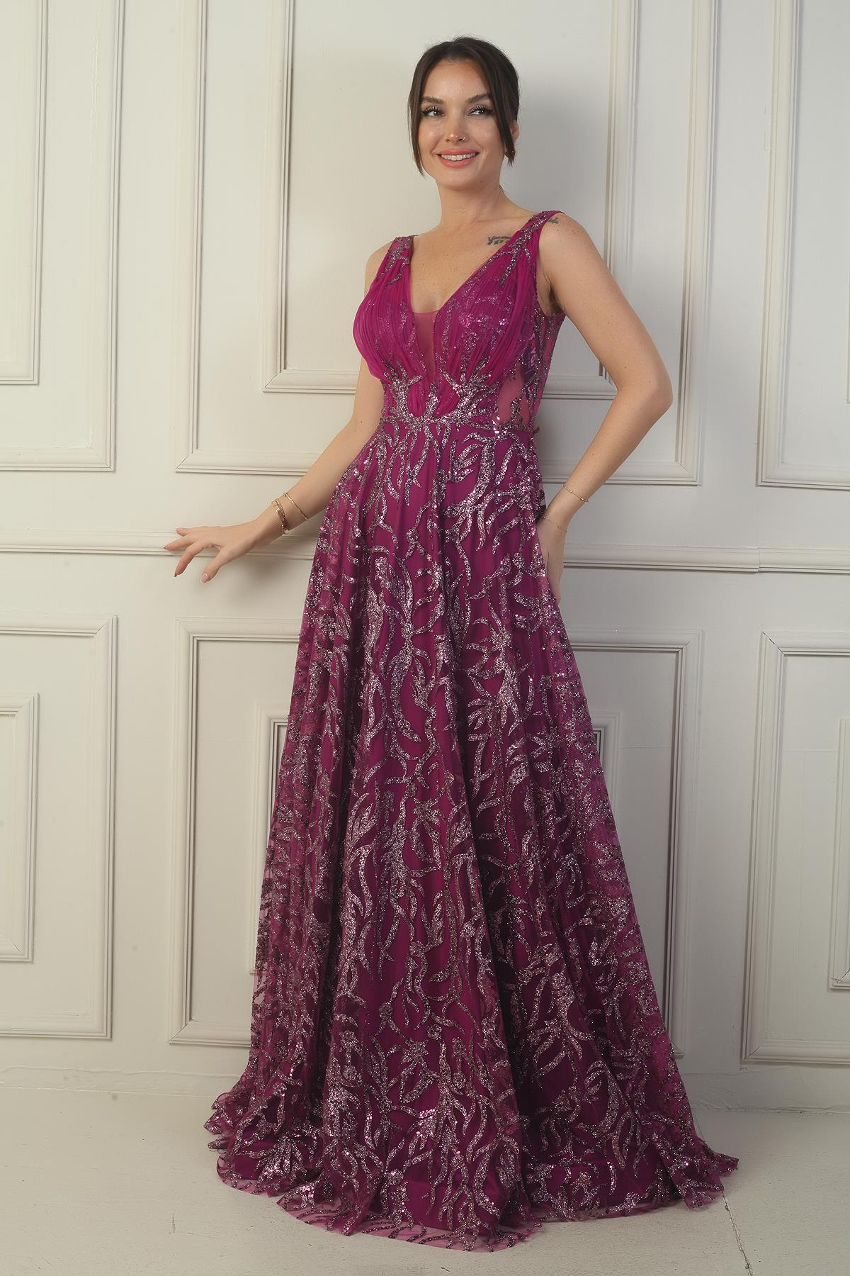 S-24Y1650017Kadın Ön Arka V Yaka Göğüs Pliseli Arkadan Bağcıklı Astarlı Sim Flok Baskı Uzun Abiye Elbise