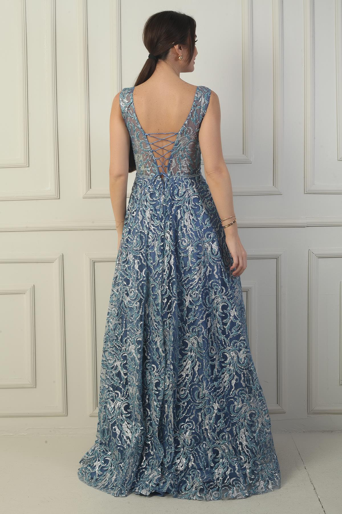 S-24Y1650017Kadın Ön Arka V Yaka Göğüs Pliseli Arkadan Bağcıklı Astarlı Sim Flok Baskı Uzun Abiye Elbise