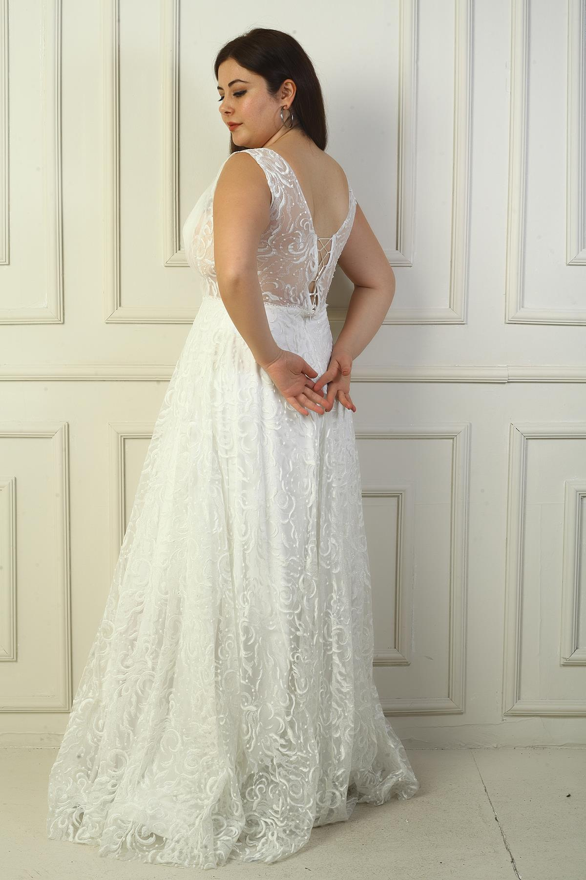 S-24Y1650017Kadın Ön Arka V Yaka Göğüs Pliseli Arkadan Bağcıklı Astarlı Sim Flok Baskı Uzun Abiye Elbise