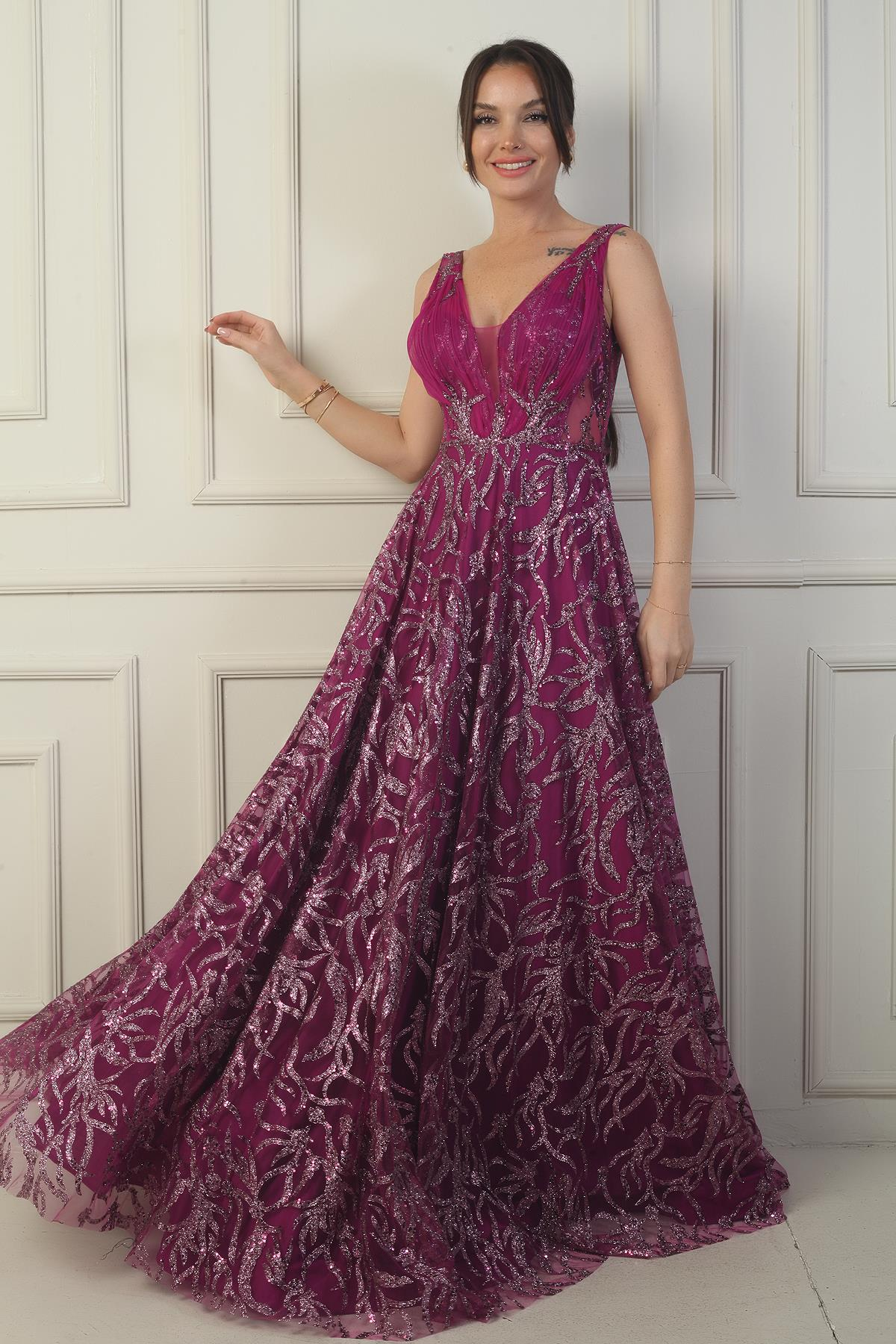 S-24Y1650017Kadın Ön Arka V Yaka Göğüs Pliseli Arkadan Bağcıklı Astarlı Sim Flok Baskı Uzun Abiye Elbise