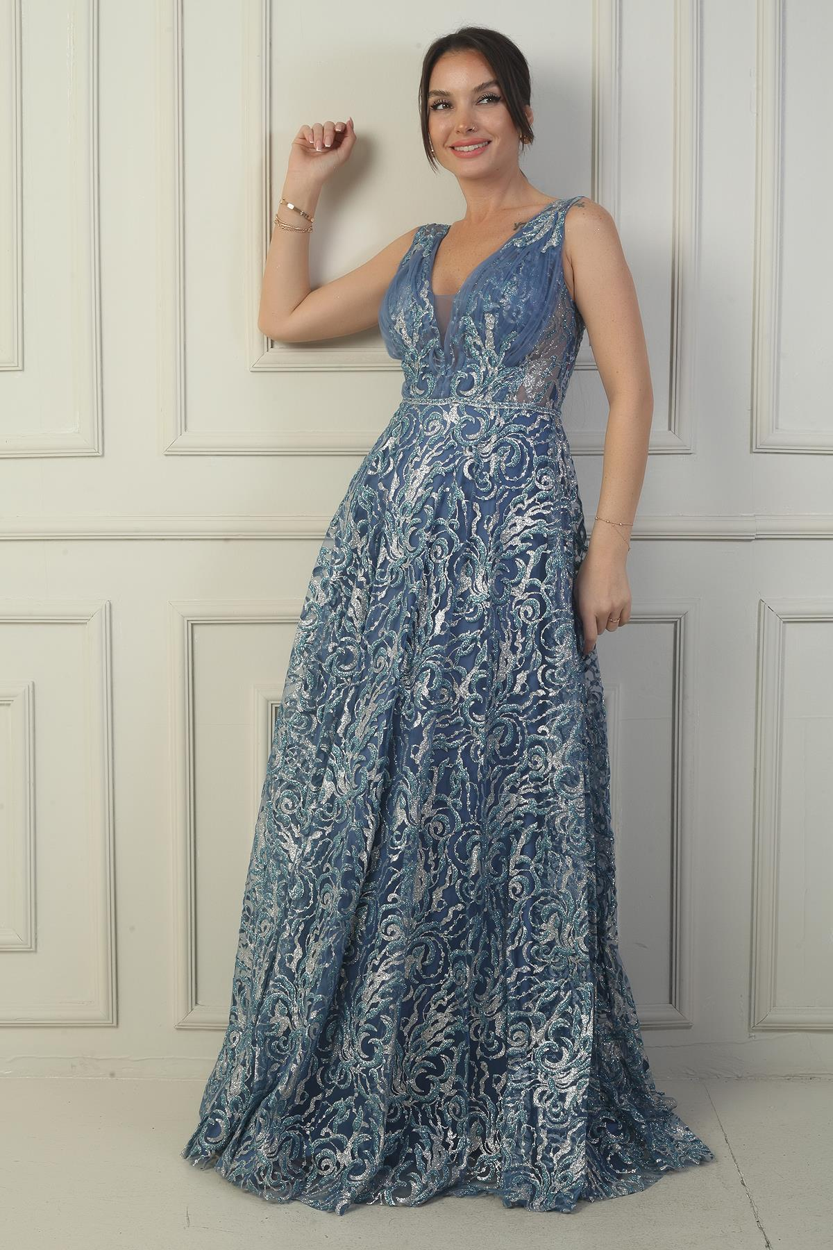 S-24Y1650017Kadın Ön Arka V Yaka Göğüs Pliseli Arkadan Bağcıklı Astarlı Sim Flok Baskı Uzun Abiye Elbise