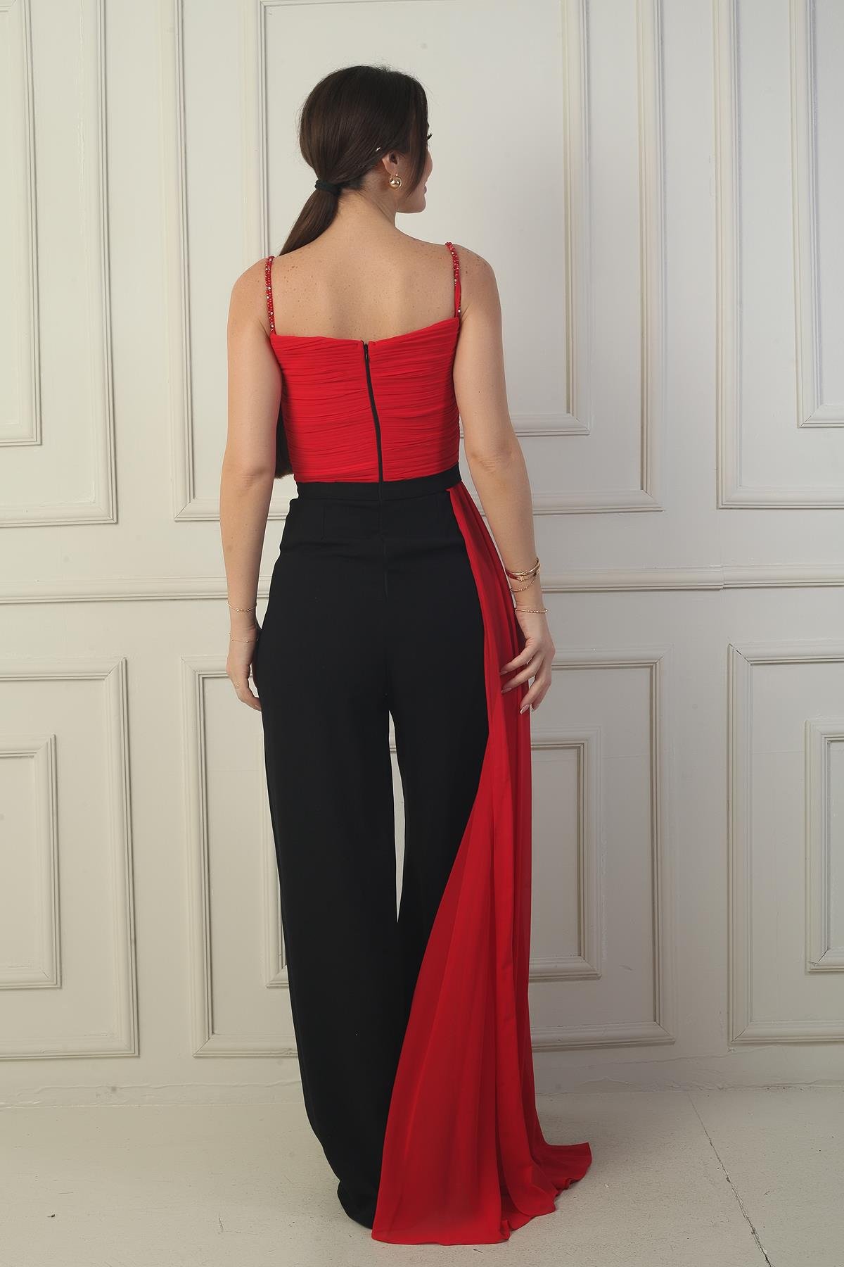 S-24Y1650018Kadın İp Askılı Boncuk Detaylı Üstü Şifon Krep Palazzon Tulum