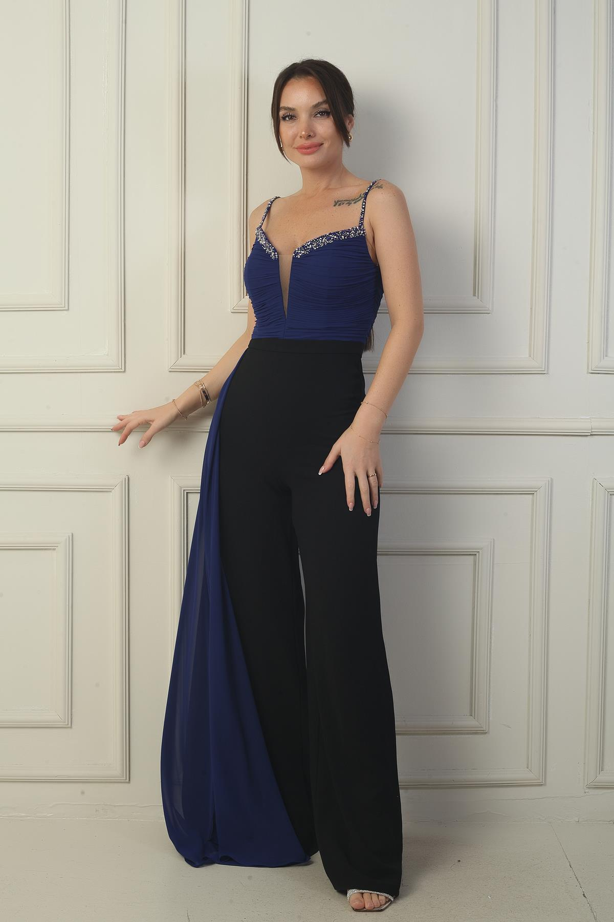 S-24Y1650018Kadın İp Askılı Boncuk Detaylı Üstü Şifon Krep Palazzon Tulum