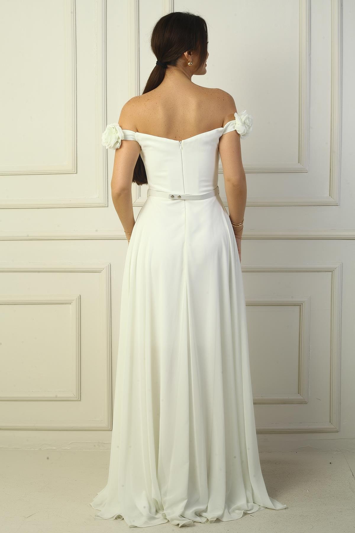 S-24Y1650022Kadın Yakası Lazer Kesim Çiçek Astarlı Beli Kemerli Uzun Şifon Elbise