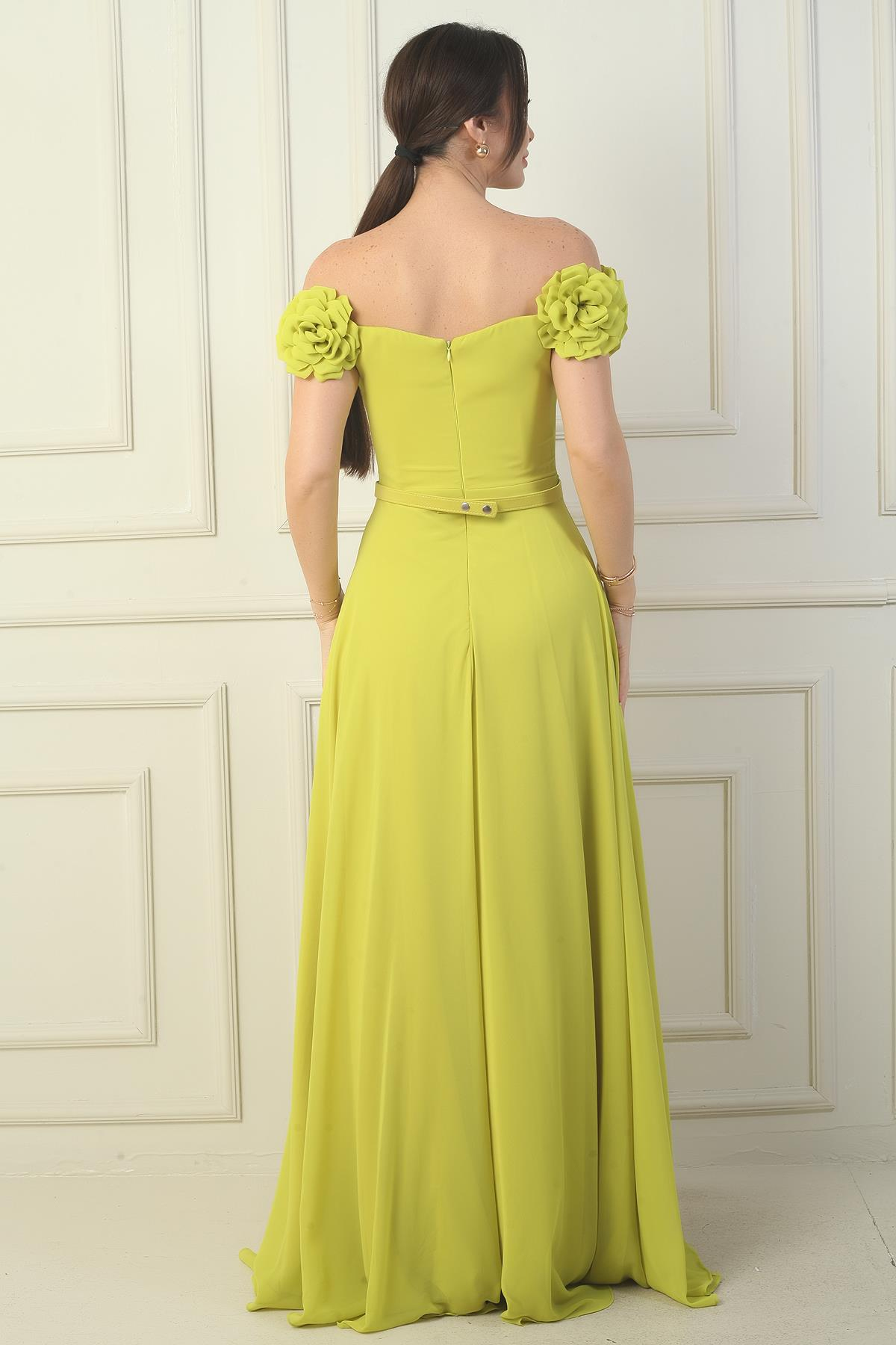 S-24Y1650022Kadın Yakası Lazer Kesim Çiçek Astarlı Beli Kemerli Uzun Şifon Elbise