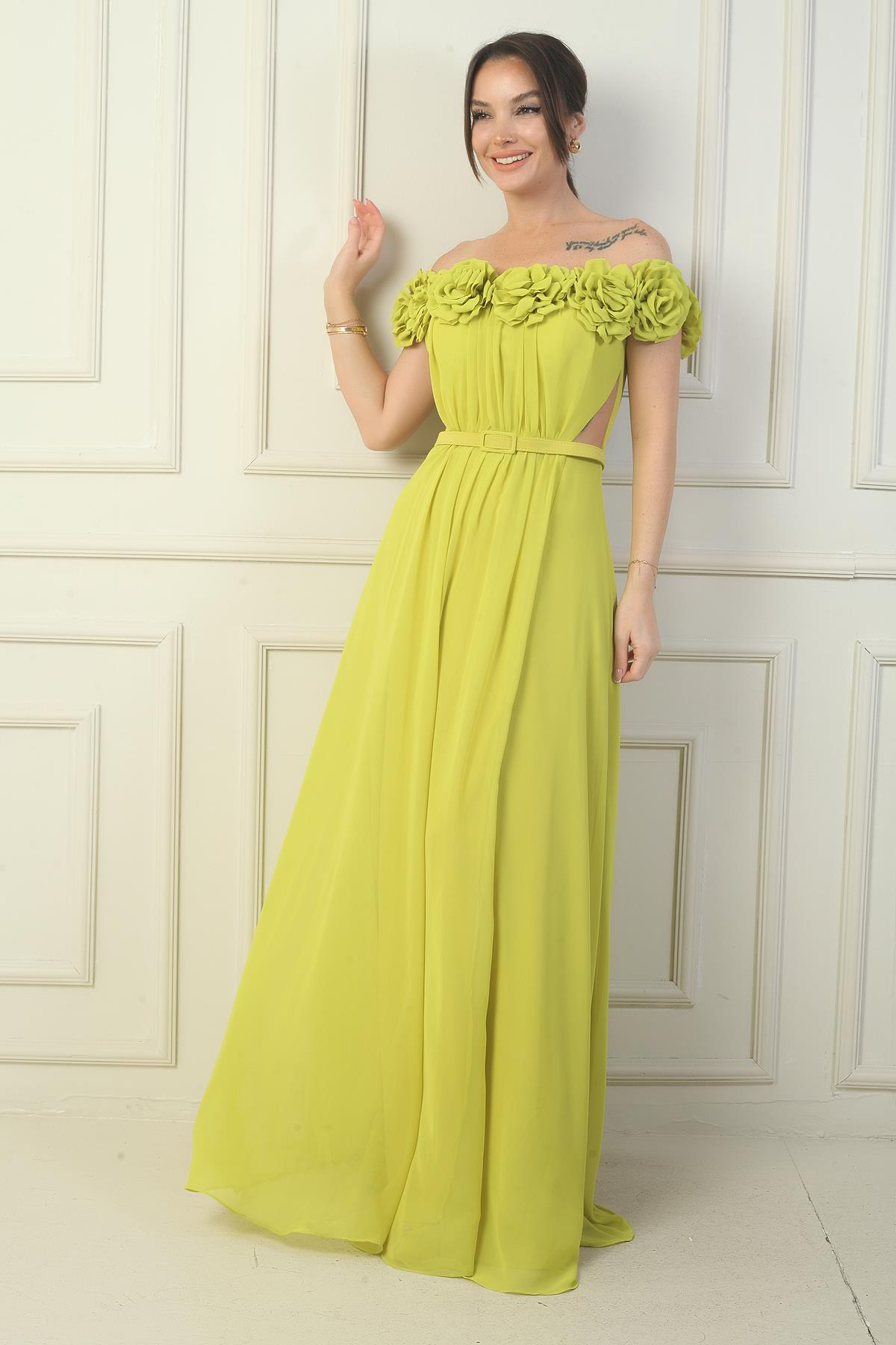 S-24Y1650022Kadın Yakası Lazer Kesim Çiçek Astarlı Beli Kemerli Uzun Şifon Elbise