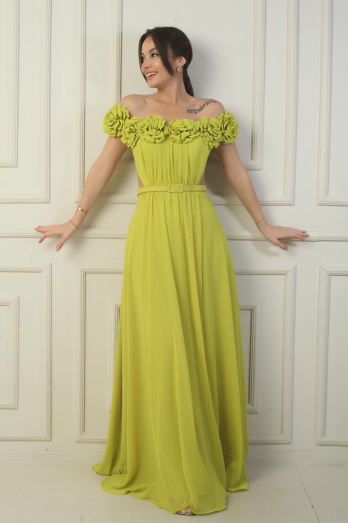 S-24Y1650022Kadın Yakası Lazer Kesim Çiçek Astarlı Beli Kemerli Uzun Şifon Elbise